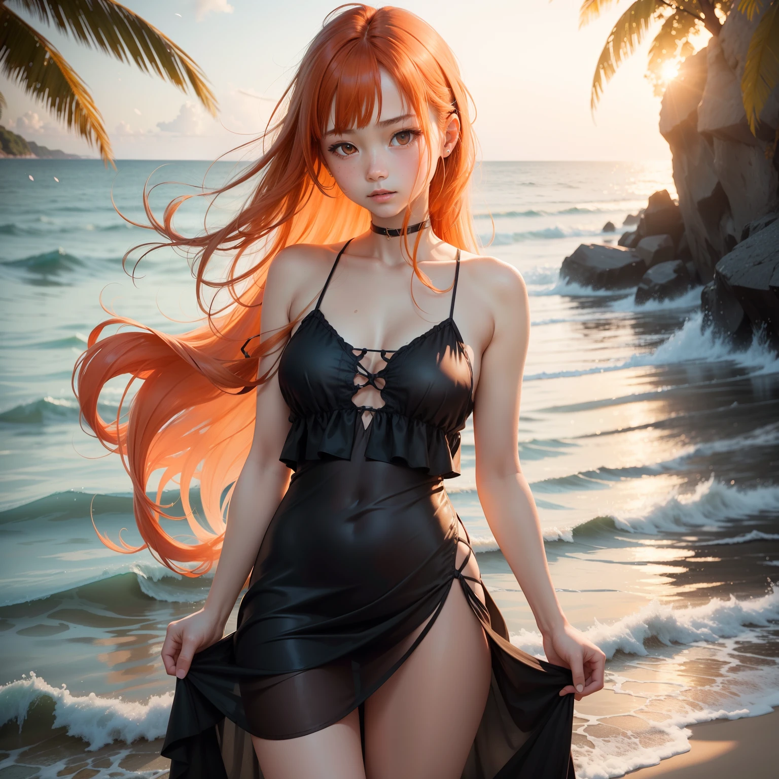 (masutepiece, Best Quality), ((1girl in, Solo, Long hair)), Ishmael_limbus, Innocent expression, Bare arms, Bare shoulders, barechested, watercolor paiting, sundress, liquid clothes, Water, vague, Water Dress, Blue_theme, Night, myst, Dark, Sharp Focus, On the beach, See-through dress, Orange hair