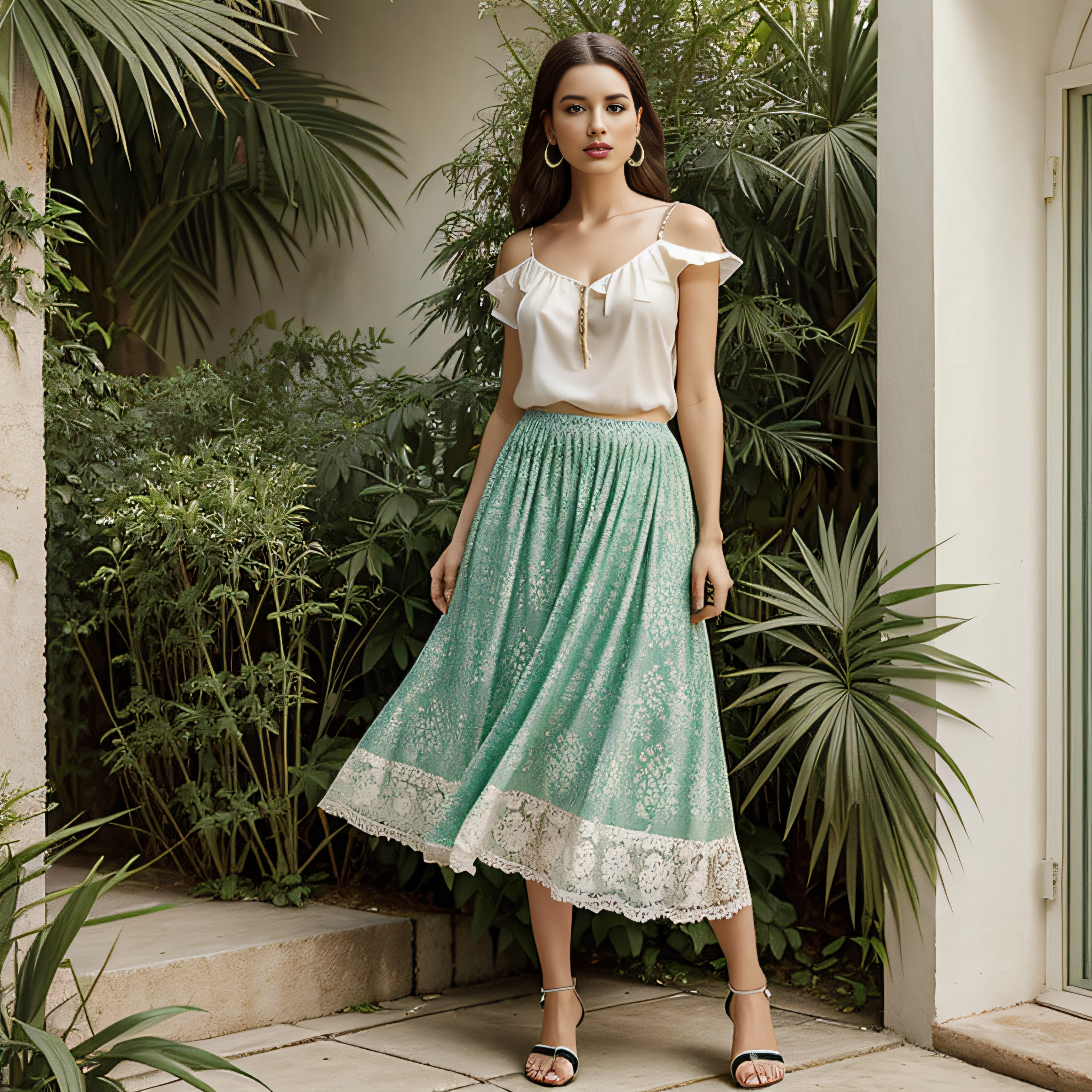 (master part, Realistic, photo-realistic:1.1), fotografia glamorosa premiada, ((melhor qualidade)), ((obra-prima)), ((realista)), mulher, modelo, studio, Summer clothing consists of a long skirt and a top. The skirt is fluid, em um tom suave de coral, com estampas tropicais em verde e azul. The top is a white lace cropped, with thin handles and delicate details. The model complements the look with flat sandals and shell earrings.