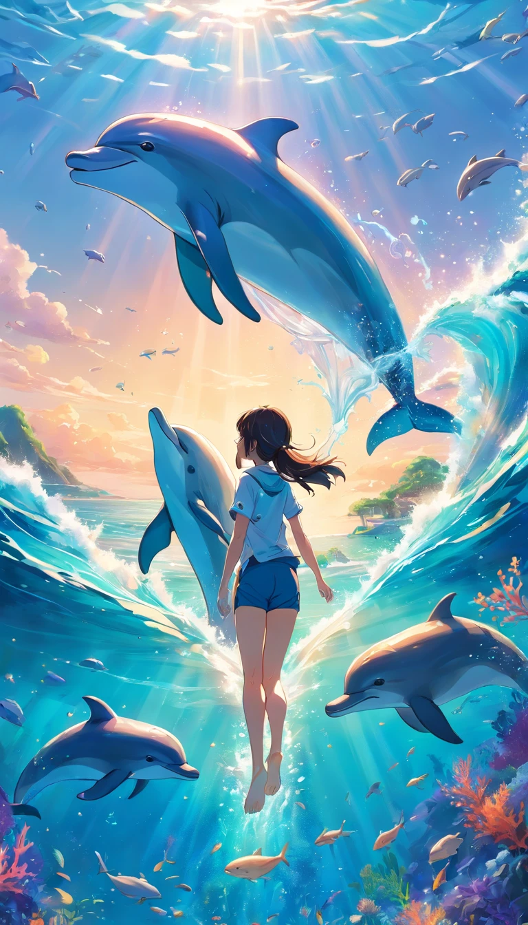 Painting of dolphins swimming in colorful ocean, Look up at the composition, Jellyfish and whales, Inspired by Cyril Rolando, A beautiful artwork illustration, author：Shitao, colorful concept art, Makoto Shinkai Cyrillo Rolando, In the style of Cyril Rolando, whale, Highly detailed watercolor 8K, highly detailed water colour 8 k，octane，the end，Realistic，8K，Estilo de Makoto Shinkai( reasonable design, 清晰的线条, High- sharpness,Best quality, Very detailed, Master parts, movie light effect, 4K )，A boy and a girl swim at the bottom of the sea，dream magical，The fish，