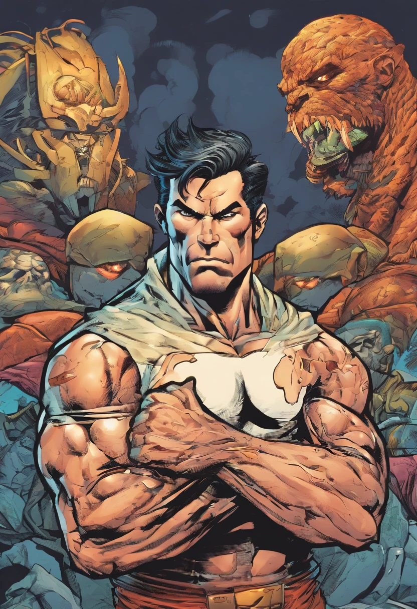 Homem forte muito muito forte, com corpo definido, veias saltadas, huge muscles, villain face, muito muito furioso