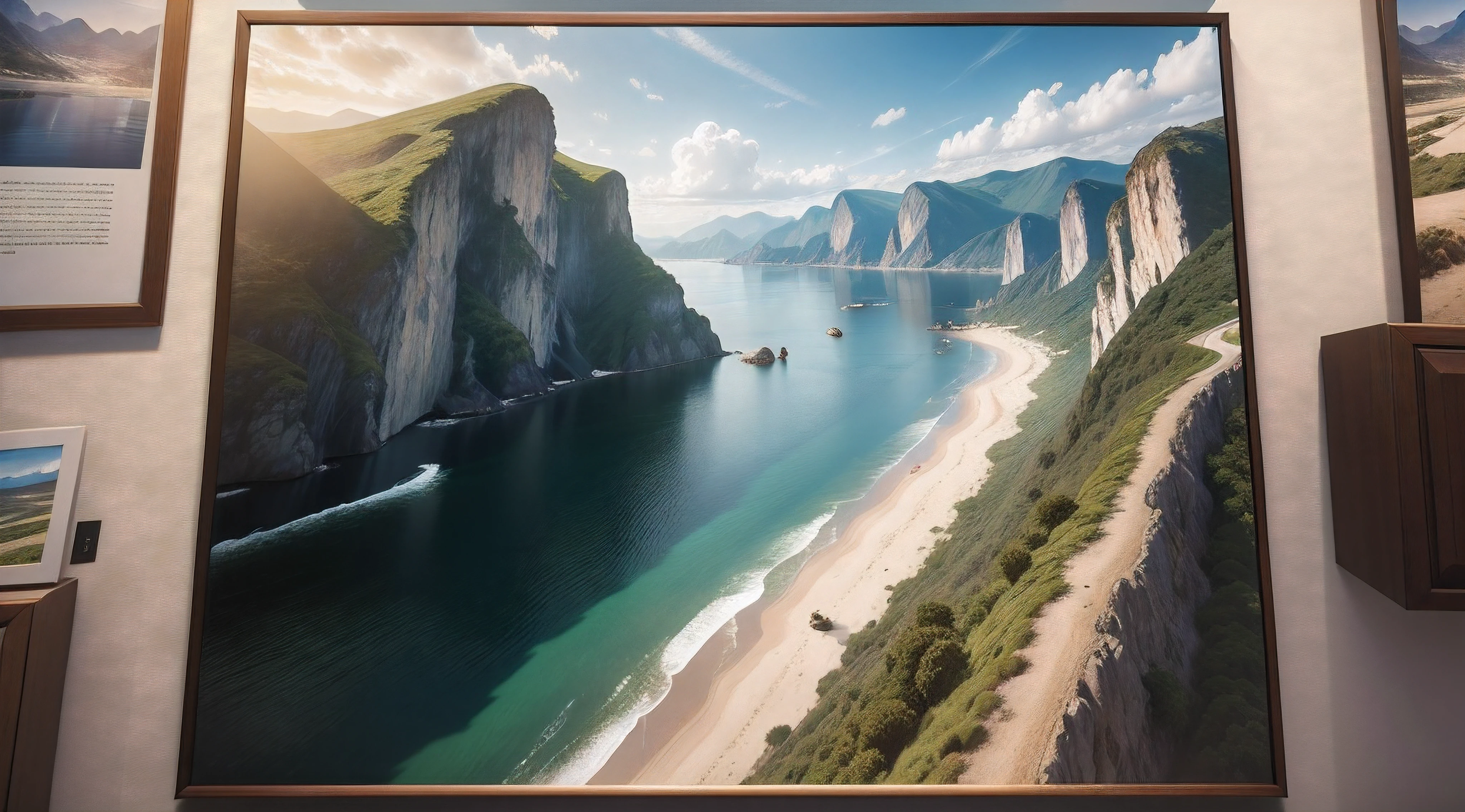 4k highly detailed realistic digital RAW photography of very high quality, 3D, Photo exhibition gallery, com quadros fixos nas paredes, piso de madeira espelhado