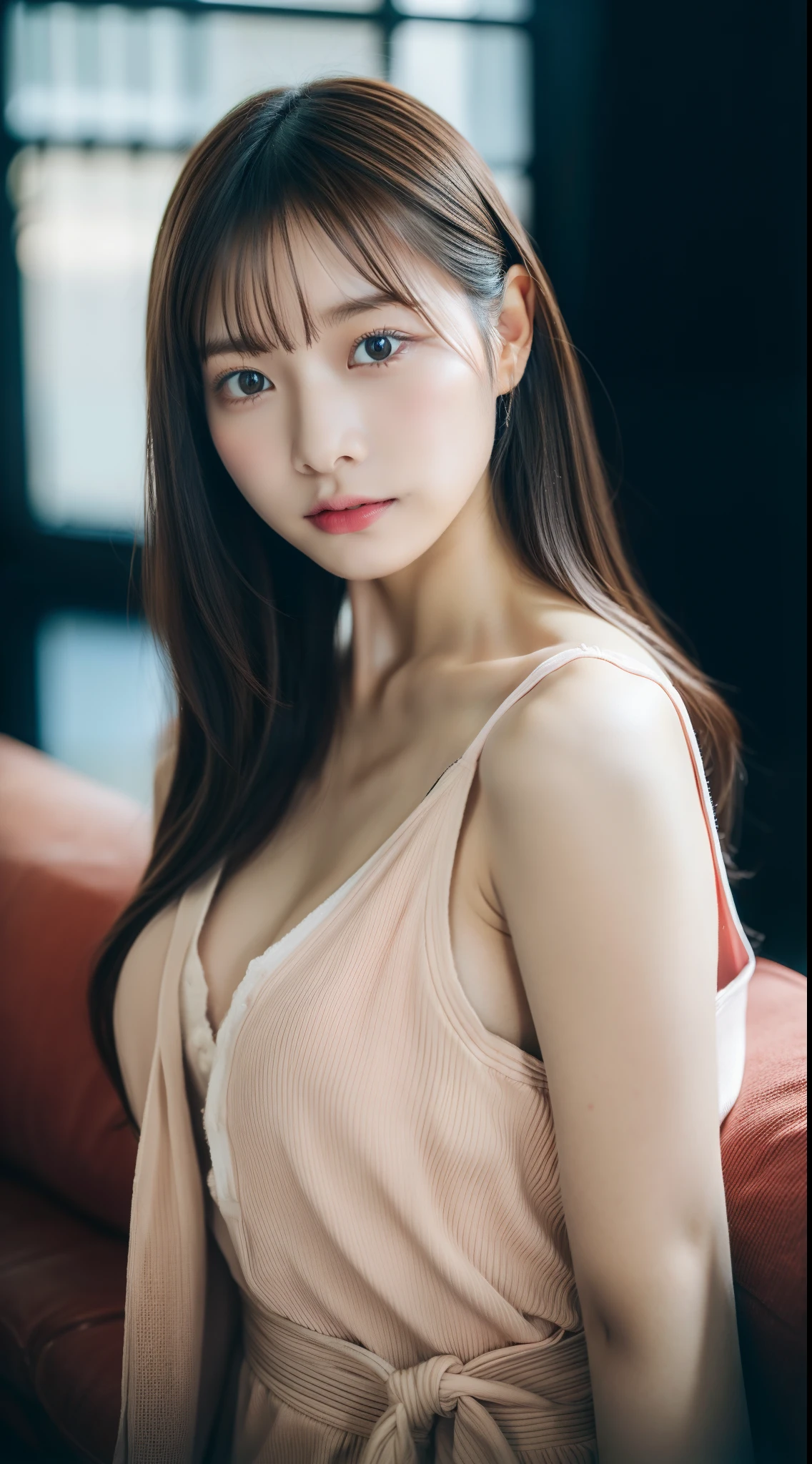 Wearing sexy pajamas, Graceful figure, Coquettish, Study room, sofa, Random captivating moves, Facing the camera, Imaginative, First love、Japan Person Model、Young Sensual Gravure Idol、Young cute gravure idol、Realistic Young Gravure Idol、Realistic sensual gravure idol、Young gravure idols、sophisticated gravure idol、奈良美智、Young skinny gravure idol、beautifull asian girl ever、Pretty women、(dark brown  hair)、hyperdetailed face、A detailed eye、二重まぶた、blured background、(4K、RAW Photos、top-quality、masters:1.2)、(reallistic、Photorealsitic:1.37)、cute little