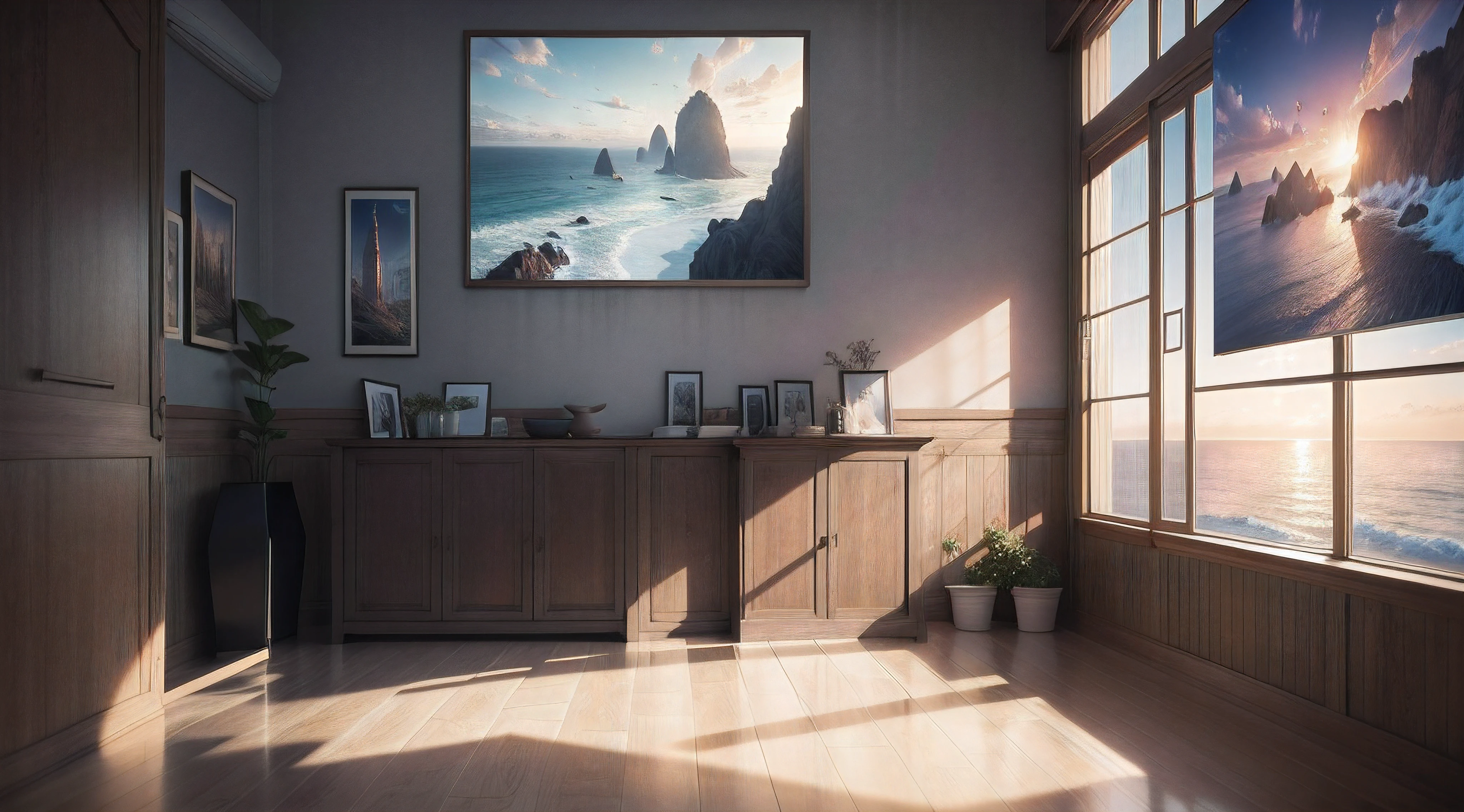 4k highly detailed realistic digital RAW photography of very high quality, 3D, Photo exhibition gallery, com quadros fixos nas paredes, piso de madeira espelhado