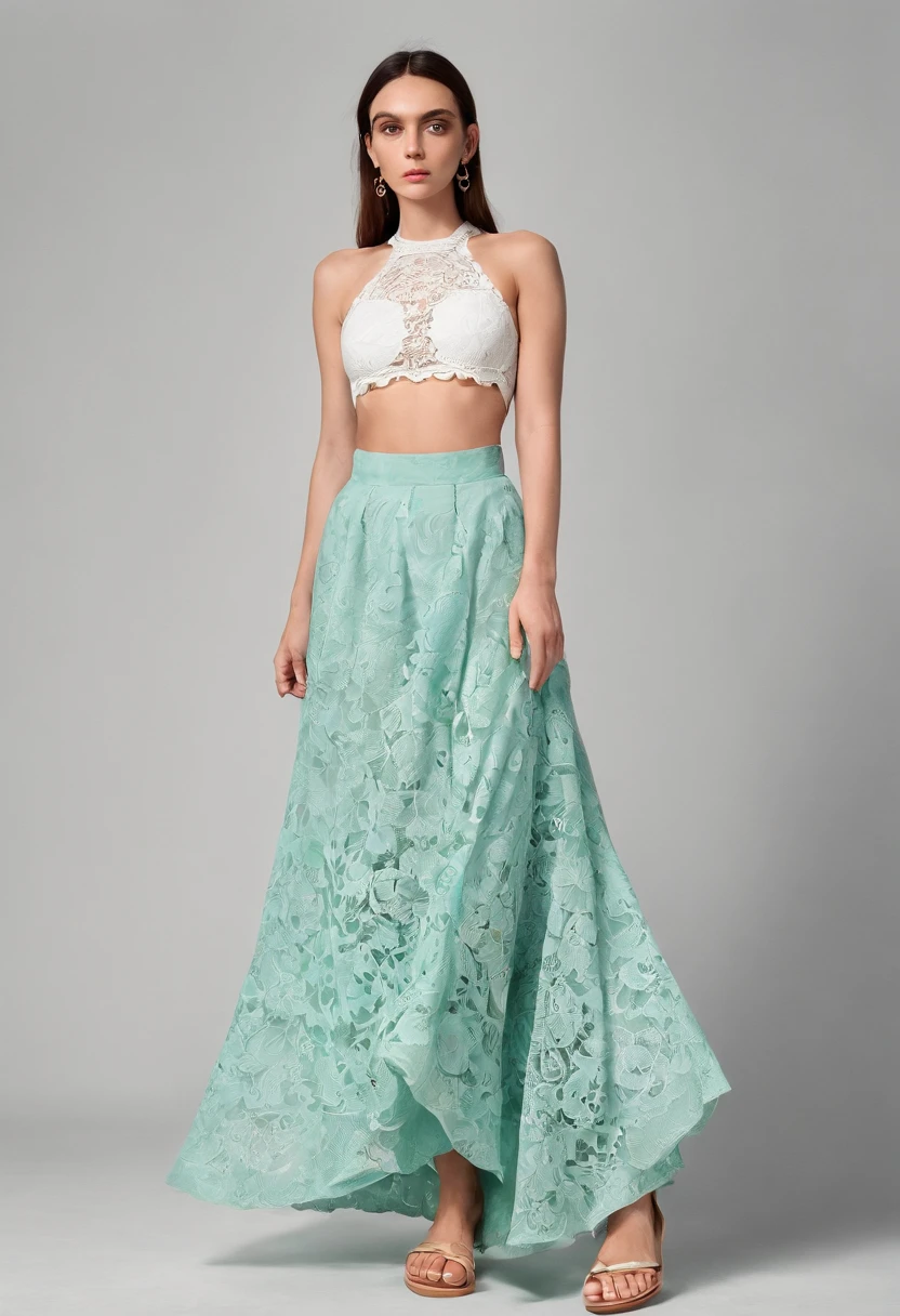 (master part, Realistic, photo-realistic:1.1), fotografia glamorosa premiada, ((melhor qualidade)), ((obra-prima)), ((realista)), mulher, modelo, studio, Summer clothes consist of a long skirt and a top. The skirt is fluid, em um tom suave de coral, com estampas tropicais em verde e azul. The top is a white lace cropped, with thin handles and delicate details. The model complements the look with flat sandals and shell earrings.