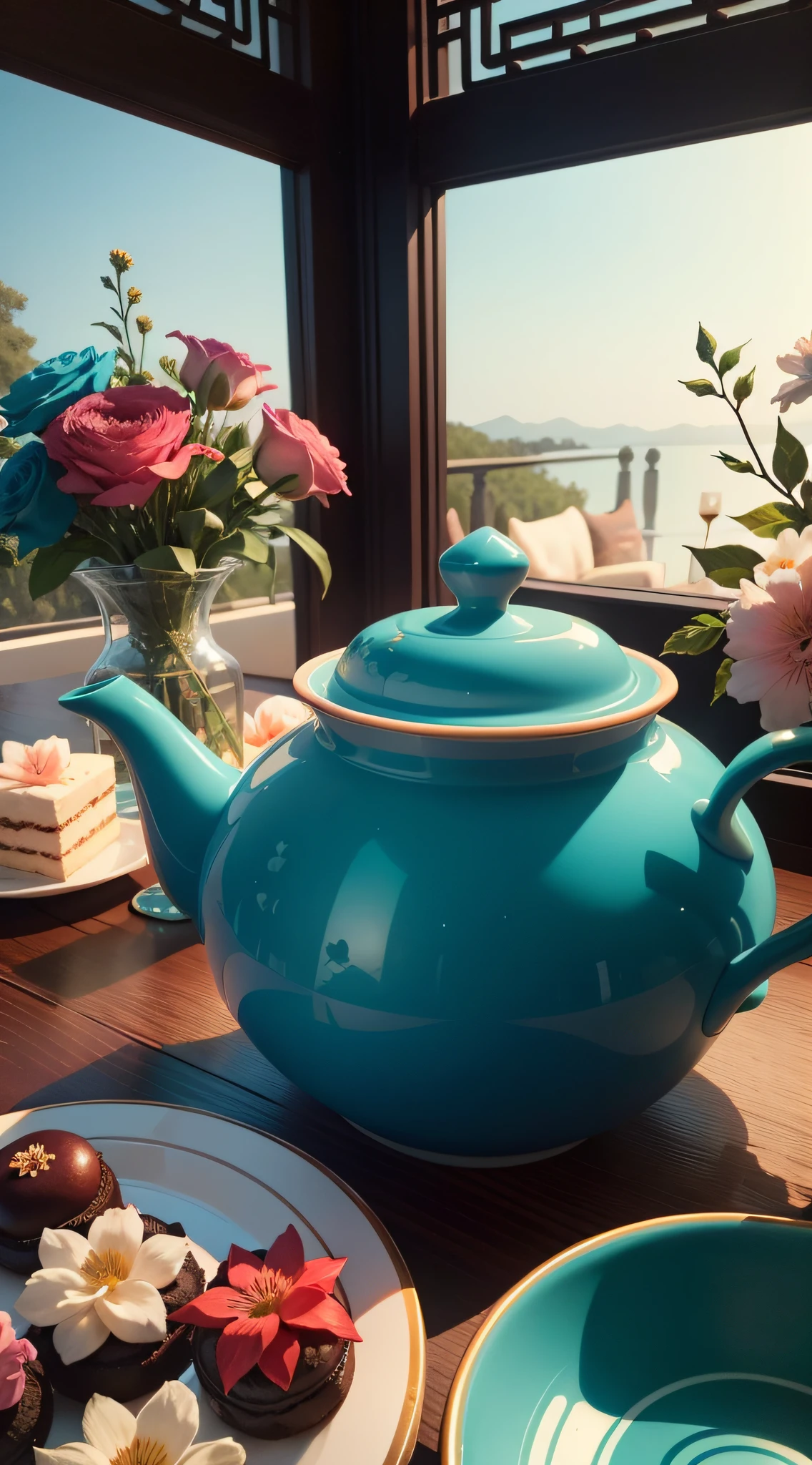 Tea party with flowers on the table, in the style of dark turquoise and dark brown, Cherry blush - sometimes,Asian-style，Grandiose color schemes, sky blue and green, Textural richness.