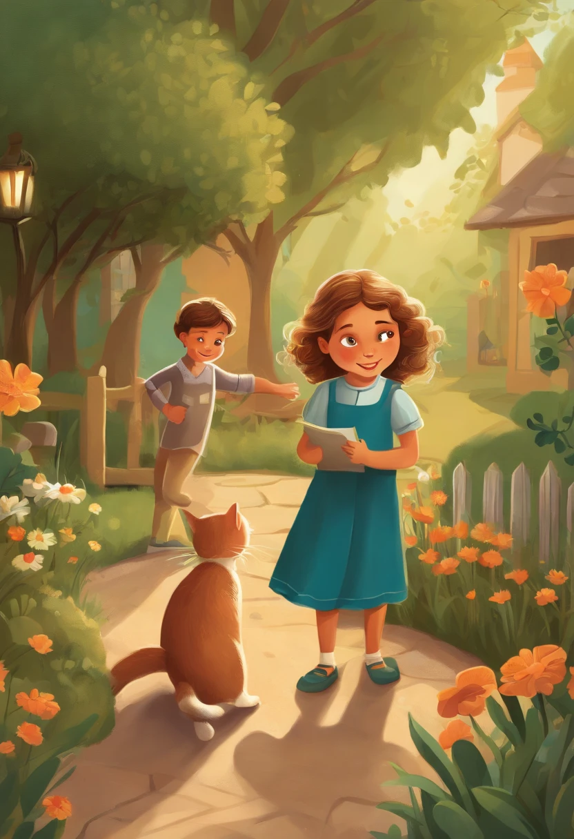 There are two children playing with a cat in the backyard, illustration of children's books, illustration of children's books, illustration for children's book, illustration of children's book, illustration of children's book, illustration of children's books, cute storybook illustration, illustration for children, story book illustration, Children's illustration, storybook illustration, colorful kids book illustration, a storybook illustration, childrens illustration