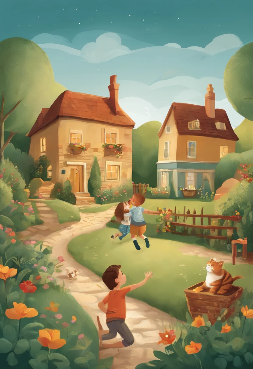 There are two children playing with a cat in the backyard, illustration of children's books, illustration of children's books, illustration for children's book, illustration of children's book, illustration of children's book, illustration of children's books, cute storybook illustration, illustration for children, story book illustration, Children's illustration, storybook illustration, colorful kids book illustration, a storybook illustration, childrens illustration