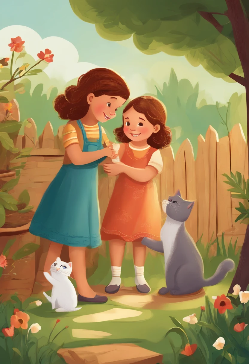 There are two children playing with a cat in the backyard, illustration of children's books, illustration of children's books, illustration for children's book, illustration of children's book, illustration of children's book, illustration of children's books, cute storybook illustration, illustration for children, story book illustration, Children's illustration, storybook illustration, colorful kids book illustration, a storybook illustration, childrens illustration