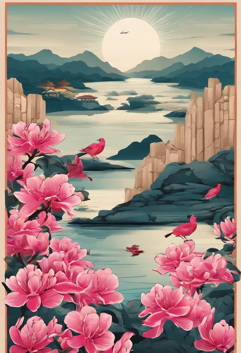 clear and bright,Traditional Chinese solar terms,(((azalea))),National style,Ink wind,((rained)),solid color backdrop,The background has a solid color circle,There is one(Chongming Bird),closeup cleavage,Landscape view,Don't be characterized,Don't be characterized,Don't build,