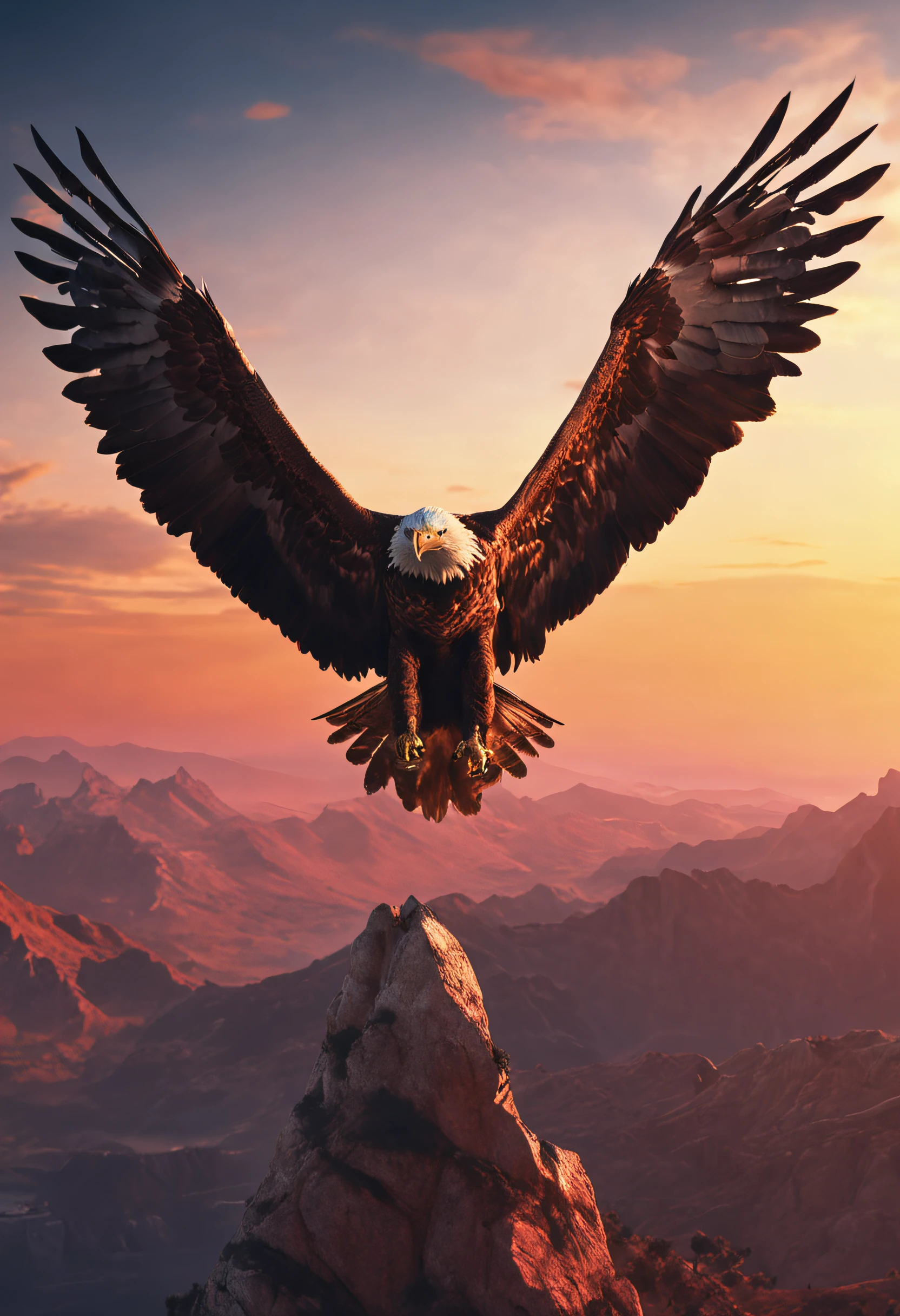 (extremely detailed CG unity 8k wallpaper, masterpiece, best quality), stunning sunset, majestic eagle soaring through the horizon.