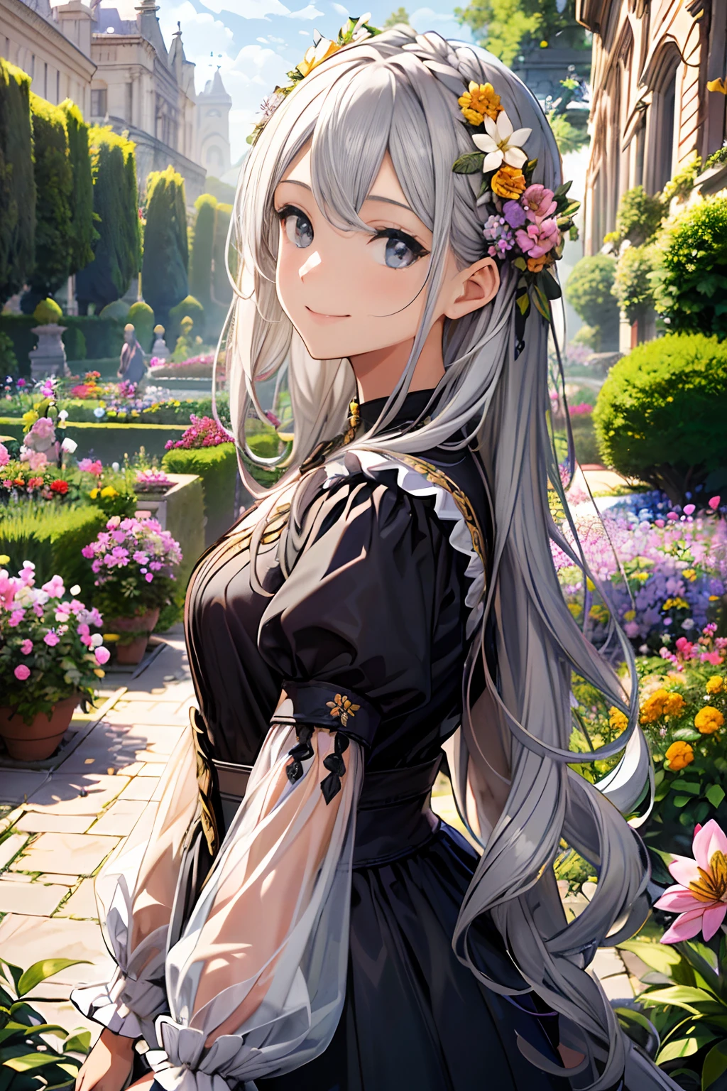 absurderes, A high resolution, (offcial art, Beautiful and aesthetic:1.2), (Close view:1.2), front composition, 
1girll, (Long hair:1.2), Gray hair, Wavy hair, Smile, 
(Spread throughout the garden:1.6), (flower effect:1.2), (florest background:1.2), (Background full of flowers:1.4), (ornate backdrop:1.1),