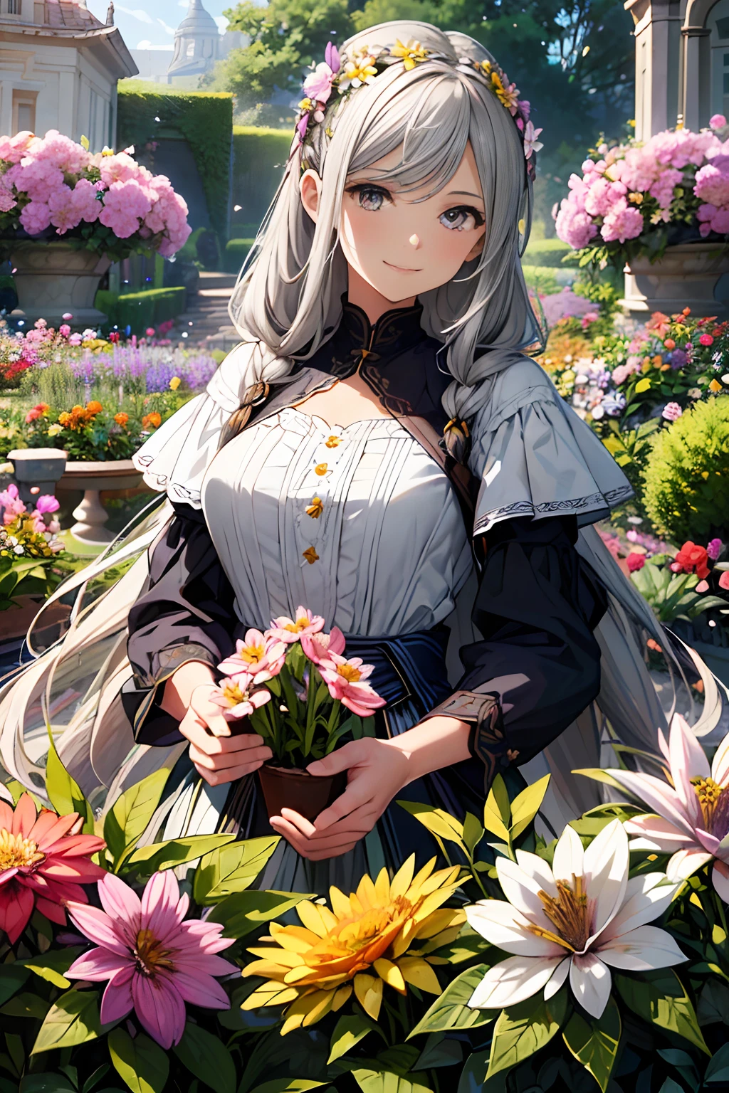 absurderes, A high resolution, (offcial art, Beautiful and aesthetic:1.2), (Close view:1.2), front composition, 
1girll, (Long hair:1.2), Gray hair, Wavy hair, Smile, 
(Spread throughout the garden:1.6), (flower effect:1.2), (florest background:1.2), (Background full of flowers:1.4), (ornate backdrop:1.1),