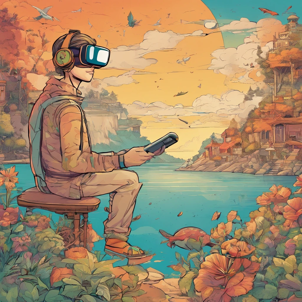 Best quality,Boy wearing VR glasses，Control the drone to fly，Draw cartoon images through AR，Record beautiful moments with your camera。 ，glimmering, , 2D, flat, Adorable, Vintage, Art on cracked paper, fairytale-like, Detailed illustration of the storybook, Cinematic, hyper HD, detaile, Beautiful details, mistic, Luminism, Vibrant colors,