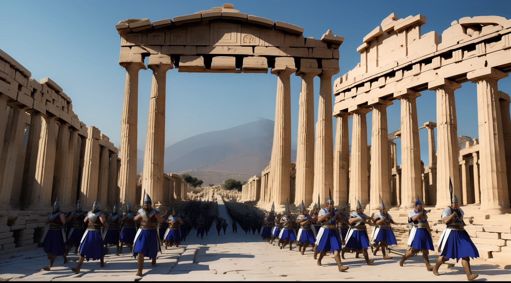 greek warriors marching in the glorious city of Sparta, columns and greeks give life to the city