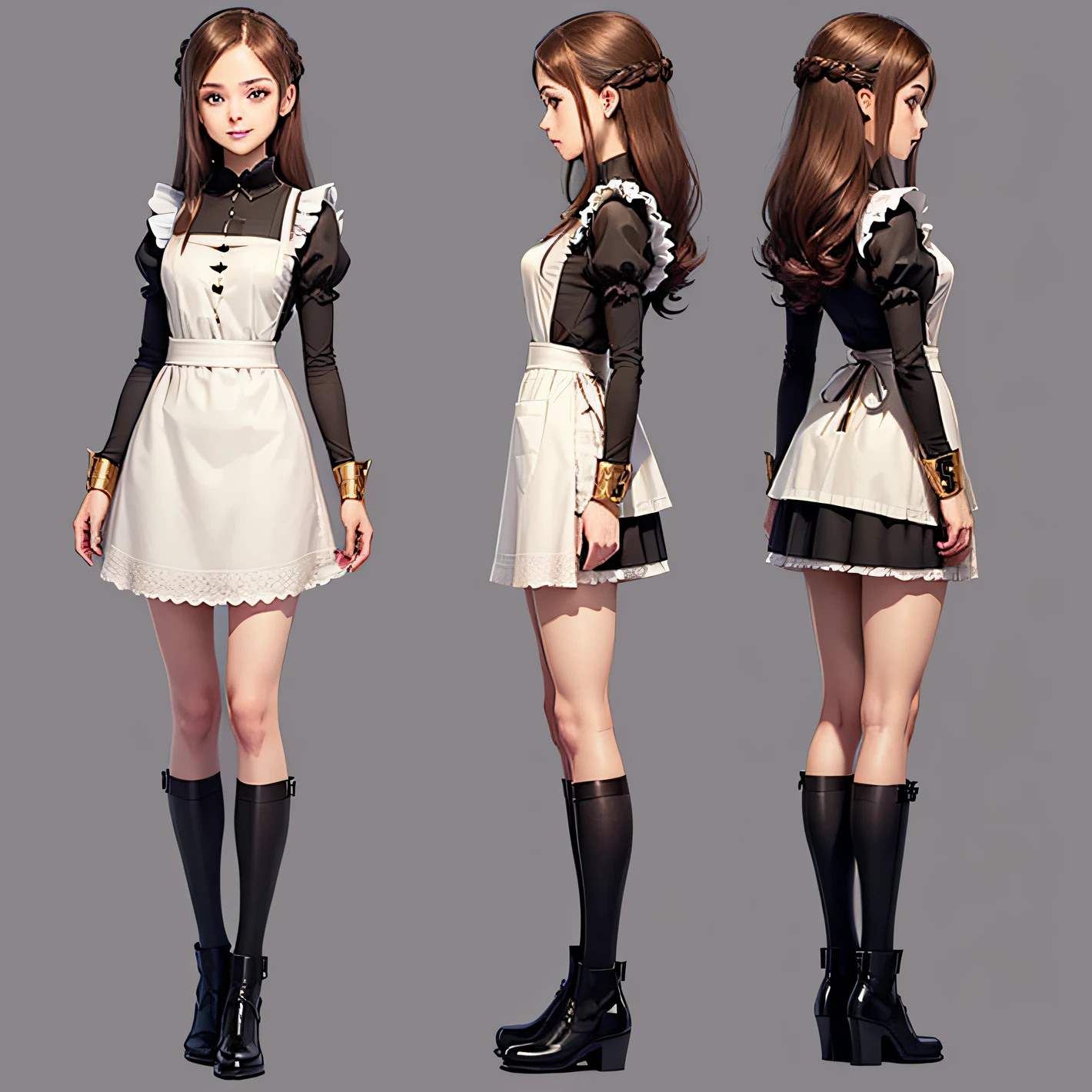 (super fine illustrations:1.2)( Perfect anatomy:1.4), hyper-detailing,Beautiful,1girll, Solo,( concept-art:1.5), (Small breasts, longer sleeves, Light smile, 17 years old, Brown hair,Long hair, , Golden eyes,, black shirt, longer sleeves, maid, maid apronl, White apron, Boots, slender girl:1.2),White background,Rabbit eared girl，(Same character, front, side, back)and all over the body(full body)，No text，Anime cartoon characters