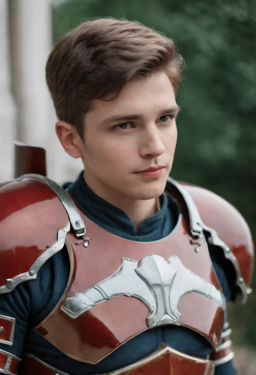 (master part), (best quality), photorealism, Realistic, ultra detailed, perfect face, Perfect Body, 1 strap, handsome boy, boy in red armor, armor, exoskeleton, stand, Cool pose, sexy, Looking from behind mechanical