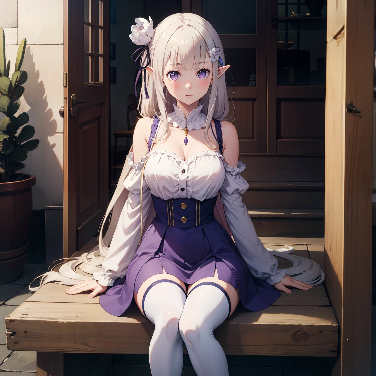 1girl, solo, Emilia, emilia_\(re:zero\), long hair, silver hair, blunt bangs, braid, hair ornament, hair flower, hair ribbon, purple ribbon, purple eyes, blush, low-tied long hair, elf, dress, bare shoulders, detached sleeves, wide sleeves,  pleated skirt, thighhights, white legwear, white shoes, outdoors, (masterpiece:1.2), highres, best quality, 8k, very clear,