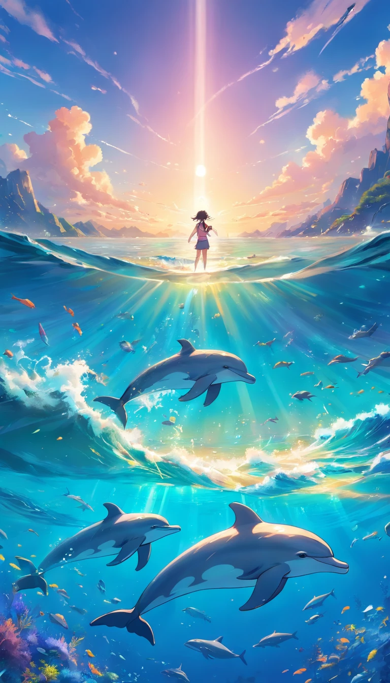 Painting of dolphins swimming in colorful ocean, Look up at the composition, Jellyfish and whales, Inspired by Cyril Rolando, A beautiful artwork illustration, author:Shitao, colorful concept art, Makoto Shinkai Cyrillo Rolando, In the style of Cyril Rolando, whale, Highly detailed watercolor 8K, highly detailed water colour 8 k,octane,the end,Realistic,8K,Estilo de Makoto Shinkai( reasonable design, 清晰的线条, High- sharpness,Best quality, Very detailed, Master parts, movie light effect, 4K ),A boy and a girl swim at the bottom of the sea,dream magical,The fish,