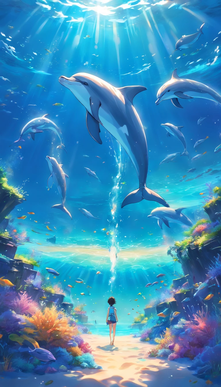 Painting of dolphins swimming in colorful ocean, Look up at the composition, Jellyfish and whales, Inspired by Cyril Rolando, A beautiful artwork illustration, author：Shitao, colorful concept art, Makoto Shinkai Cyrillo Rolando, In the style of Cyril Rolando, whale, Highly detailed watercolor 8K, highly detailed water colour 8 k，octane，the end，Realistic，8K，Estilo de Makoto Shinkai( reasonable design, 清晰的线条, High- sharpness,Best quality, Very detailed, Master parts, movie light effect, 4K )，A boy and a girl swim at the bottom of the sea，dream magical，The fish，