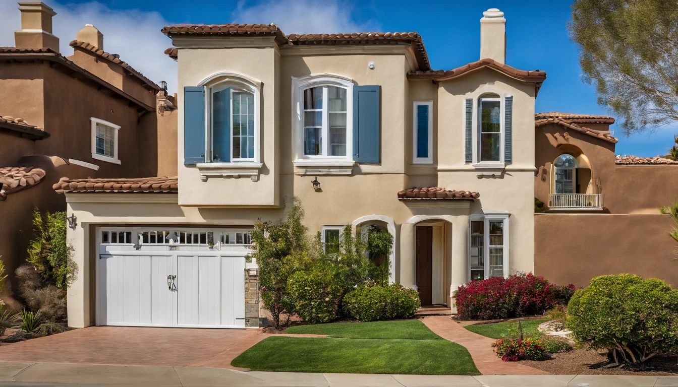 San Diego Real Estate, USA, Ordinary detached townhouse with front yard lawn,With fenced wall,Background image of downtown San Diego,With blue sky and white clouds as the background,Peaceful townhouse background,San Diego suburban residence