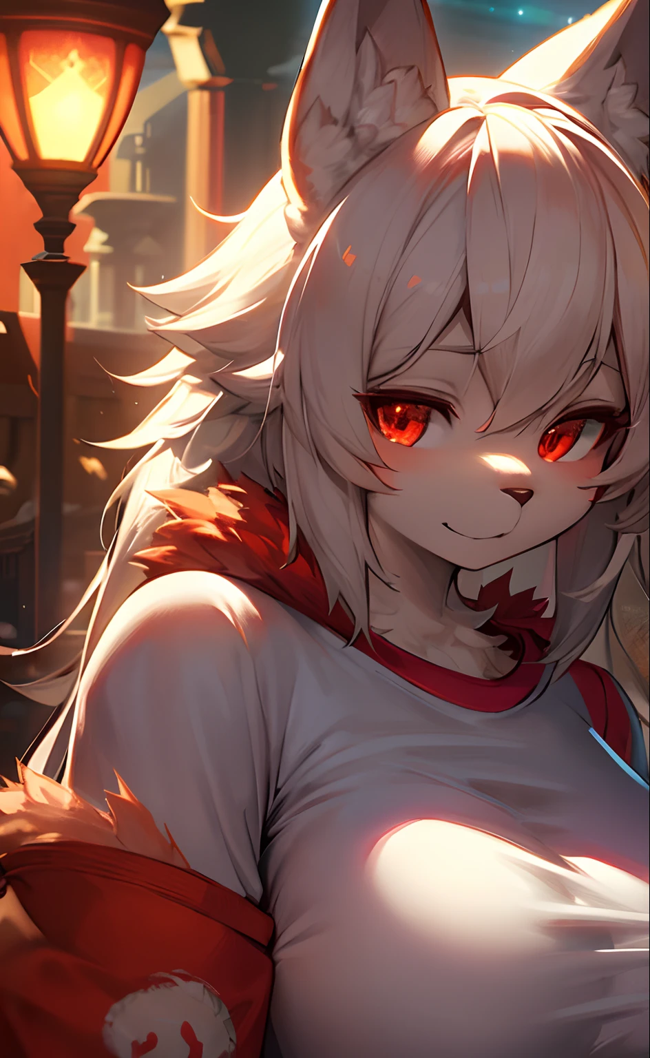 furry, white fur, ultra cute face, red elements on fur, breasts, glowing t-shirt, beautiful lights and shadows, ambient light, ultra detailed fur, volumetric light