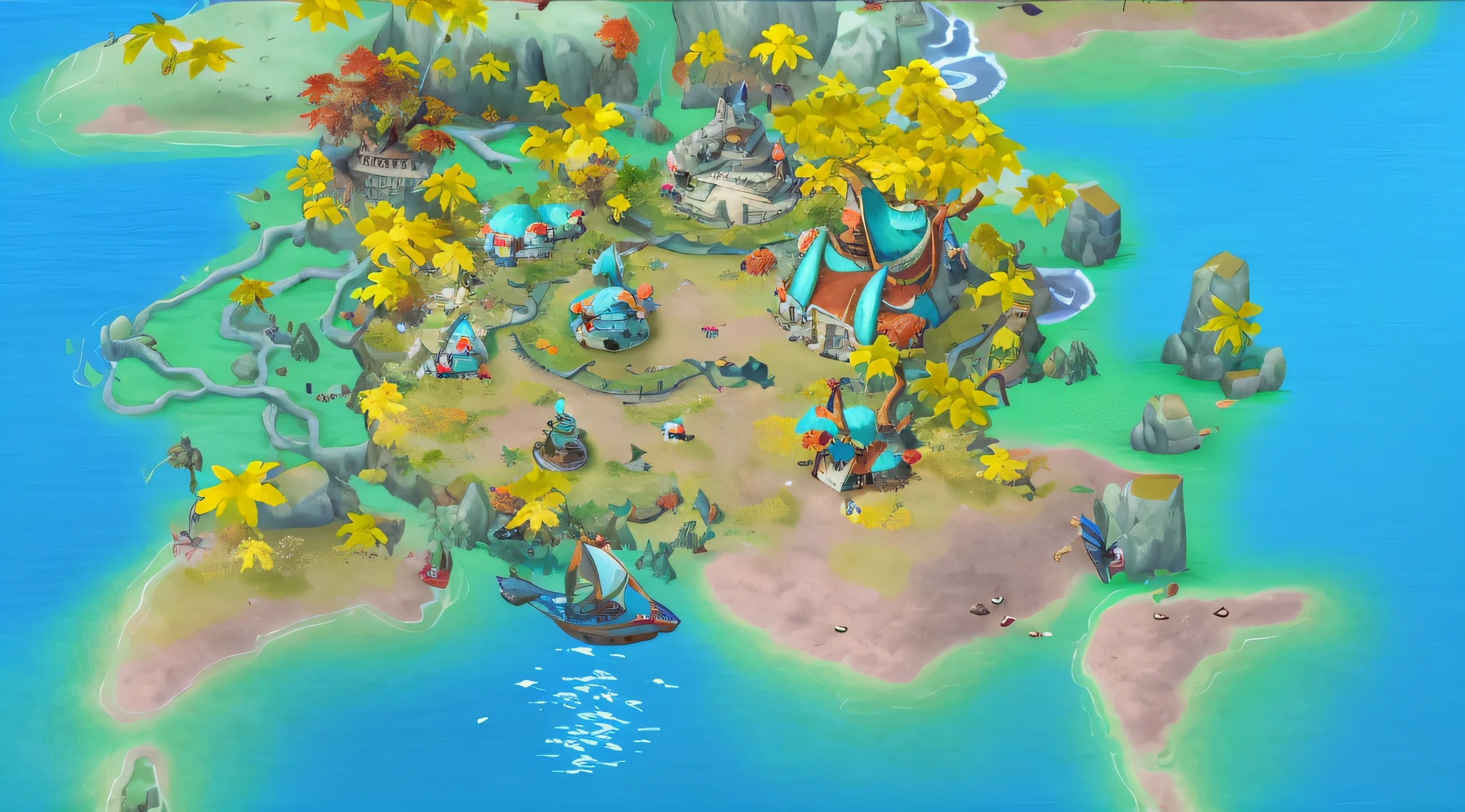 A close-up of a map of an island with many trees in the autumn season, game screenshot, background aerial battle, gameplay screenshot with ui, Mobile game art, game screenshot, game screenshot, strategy game, battle landscape, battle, in game screenshot, gameplay still, official screenshot, in game screenshot, an aztec city in a island lake, detailed screenshot