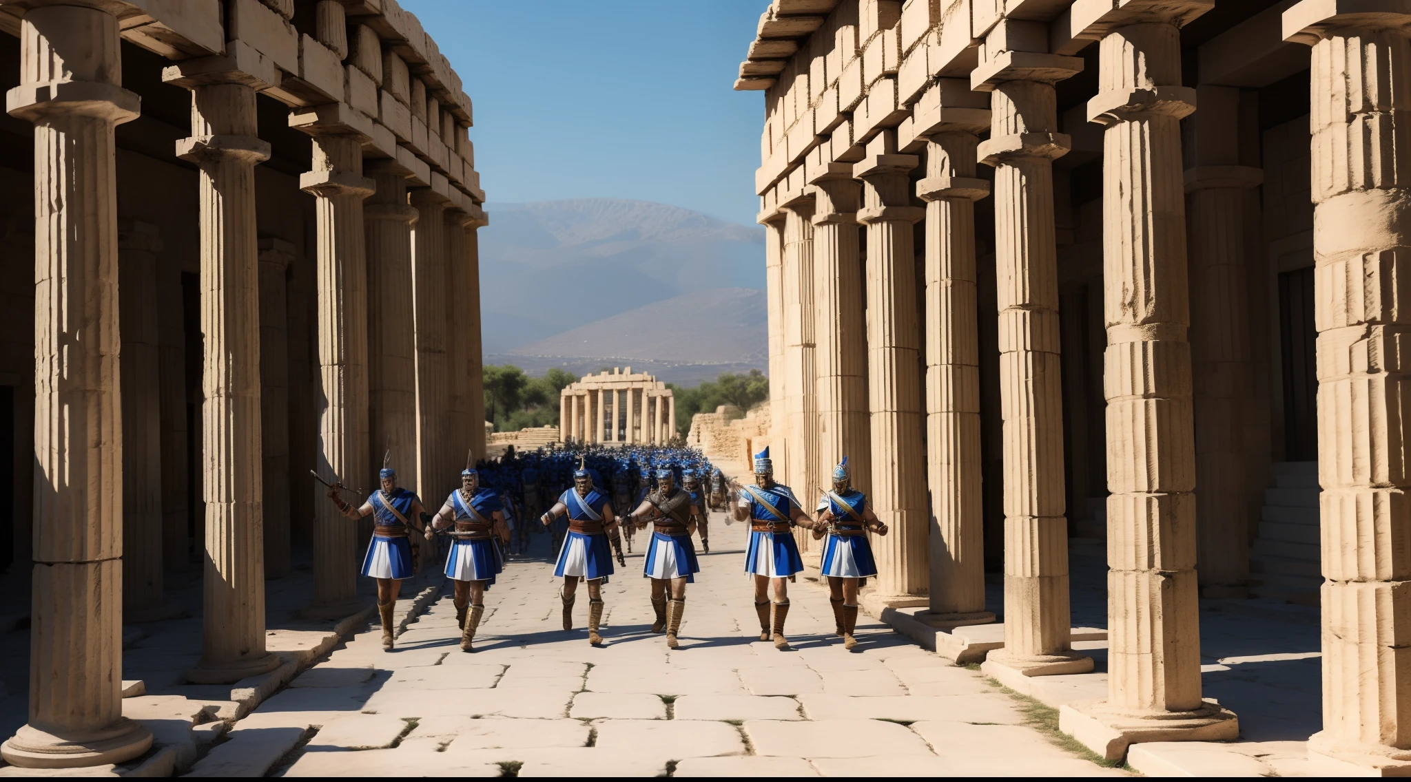 greek warriors marching in the glorious city of Sparta, columns and greeks give life to the city