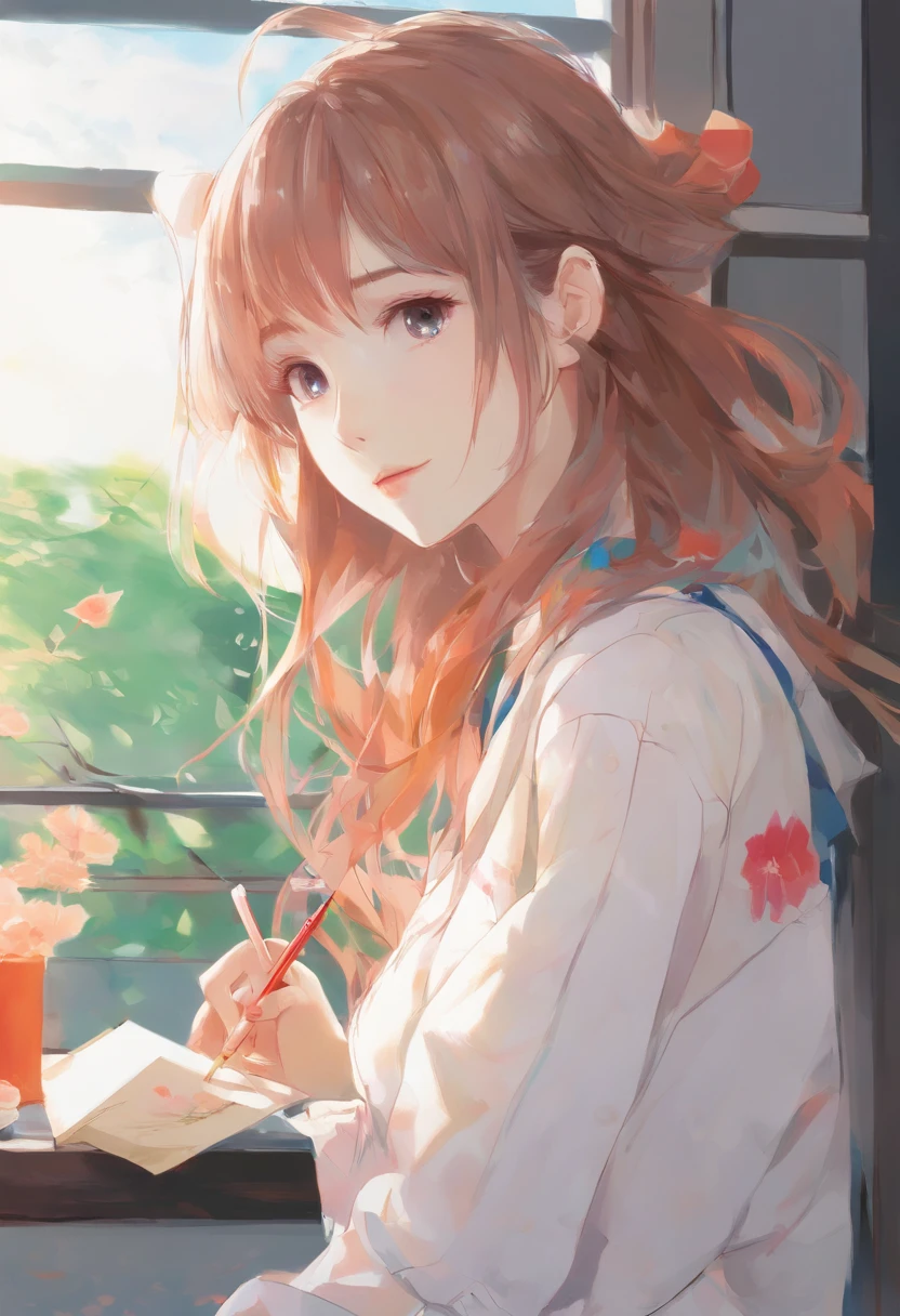 Anime girl with brush and drawing board in front of window, painted in anime painter studio, realistic cute girl painting, Beautiful Anime Portrait, Anime. Soft lighting, detailed painting 4 k, Anime Realism Style, realistic anime art style, artwork in the style of guweiz, Realistic anime art style, made with anime painter studio, Portrait Anime Girl