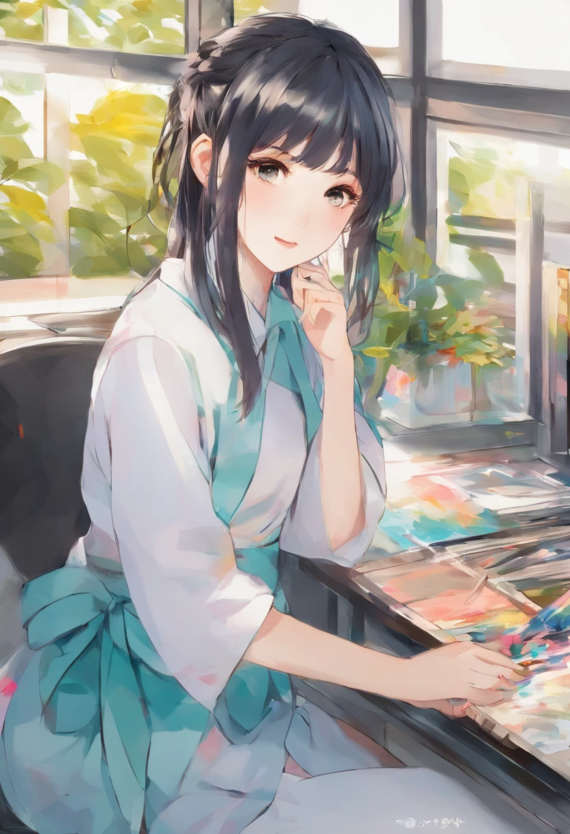 Anime girl with brush and drawing board in front of window, painted in anime painter studio, realistic cute girl painting, Beautiful Anime Portrait, Anime. Soft lighting, detailed painting 4 k, Anime Realism Style, realistic anime art style, artwork in the style of guweiz, Realistic anime art style, made with anime painter studio, Portrait Anime Girl