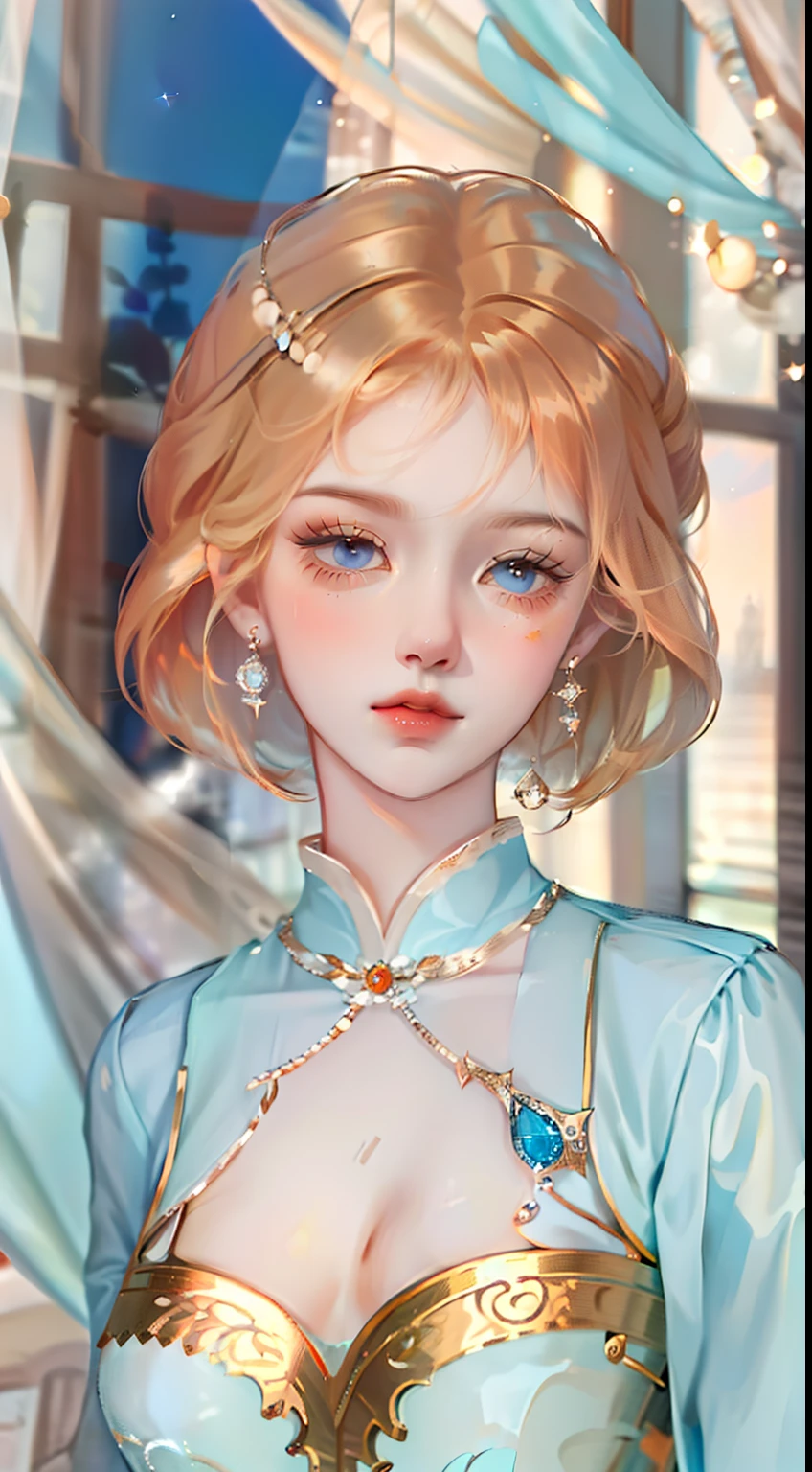 best quality, (masterpiece:1.2), illustration, absurdres, (1girl, solo), (beautiful detailed girl), ((upper body, portrait)),, Kaela MacMillan, short hair, orange hair, blue eyes, medium breasts, blue crystal earrings, white jacket, , cool, calm, looking at viewer,, inside elegant bedroom, night, window, curtain, starry sky, lamp, bookcase, nightstand, vase, desk,