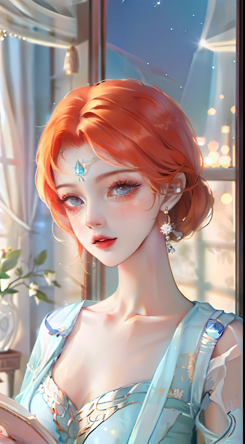 best quality, (masterpiece:1.2), illustration, absurdres, (1girl, solo), (beautiful detailed girl), ((upper body, portrait)),, Kaela MacMillan, short hair, orange hair, blue eyes, medium breasts, blue crystal earrings, white jacket, , cool, calm, looking at viewer,, inside elegant bedroom, night, window, curtain, starry sky, lamp, bookcase, nightstand, vase, desk,