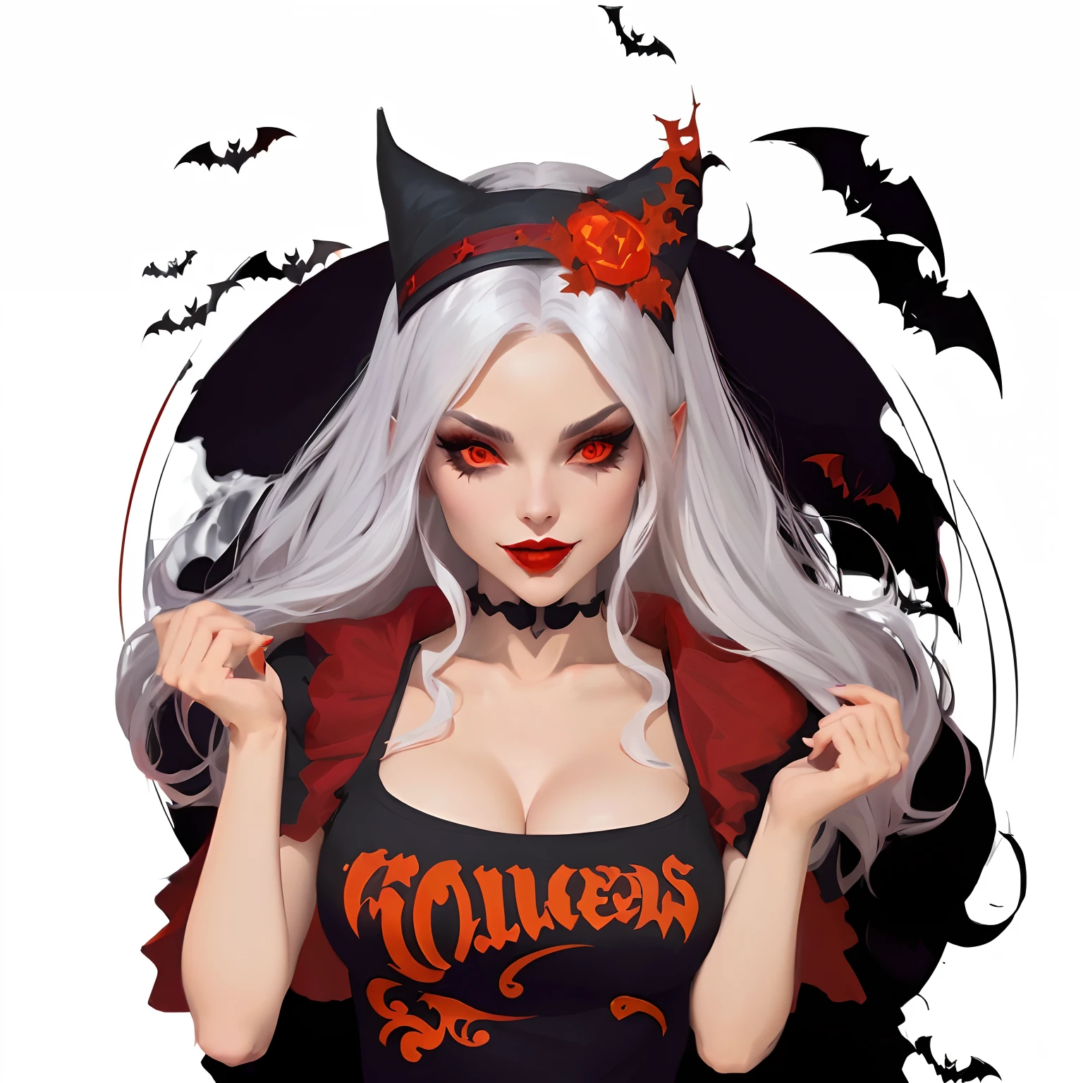 vector graphic of witch with white hair and a red cape and a black top, halloween art style, vampire girl, succubus | medieval, in a halloween style, evil sorceress witch, full color digital illustration, beautiful vampire queen, beautiful witch female, human :: sorceress, lineless, commission for high res, fullbody commission for