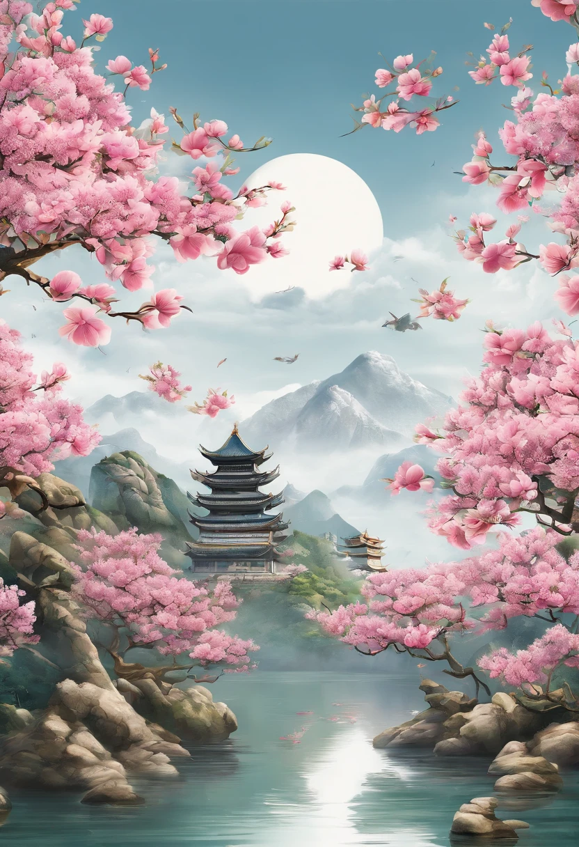 equinox,Traditional Chinese solar terms,(((Magnolia flowers))),National style,Ink wind,There are swallows flying in the sky,closeup cleavage,Landscape view,Don't be characterized,Don't be characterized,Don't build