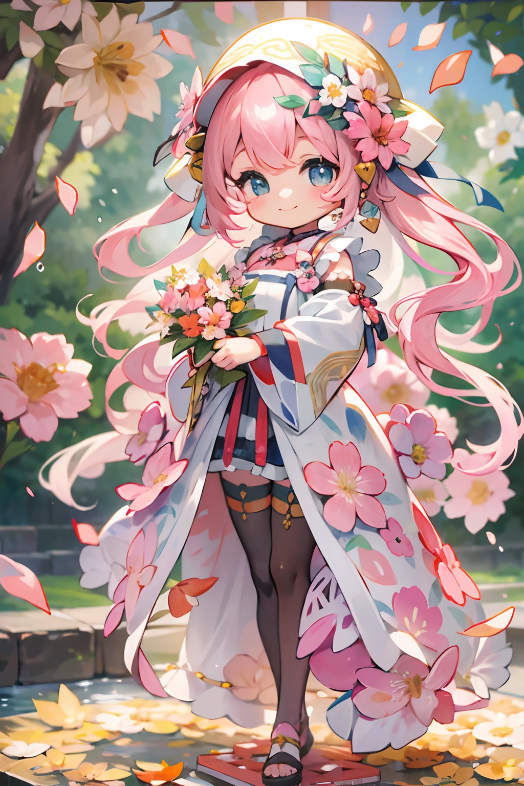 photoRealstic、Doll standing in front of the painting（nendroid）、A smile、Water droplets on the cheeks、In a cute pose、watercolor Nendoroid、(High Definition Figure)、Flowing iridescent silk、up of face、Eye Up、A heart in the eye、Floral dress、Making a heart with both hands、There are also flowers in front of the nendroids、flower petals、season!!: 夏天☀ 🍂