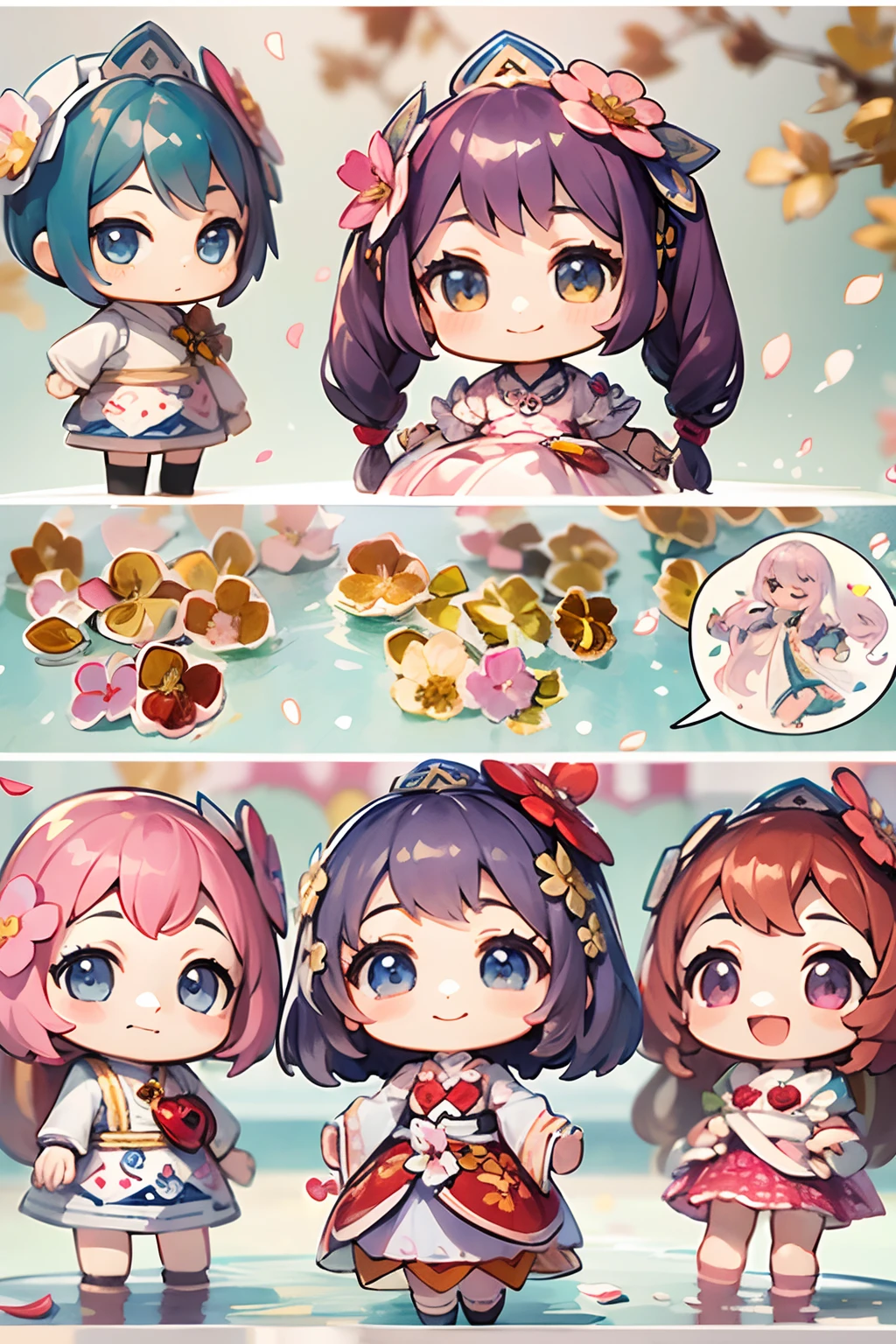 photoRealstic、Doll standing in front of the painting(nendroid)、A smile、Water droplets on the cheeks、In a cute pose、watercolor Nendoroid、(High Definition Figure)、Flowing iridescent silk、up of face、Eye Up、A heart in the eye、Floral dress、Making a heart with both hands、There are also flowers in front of the nendroids、flower petals、season!!: 夏天☀ 🍂