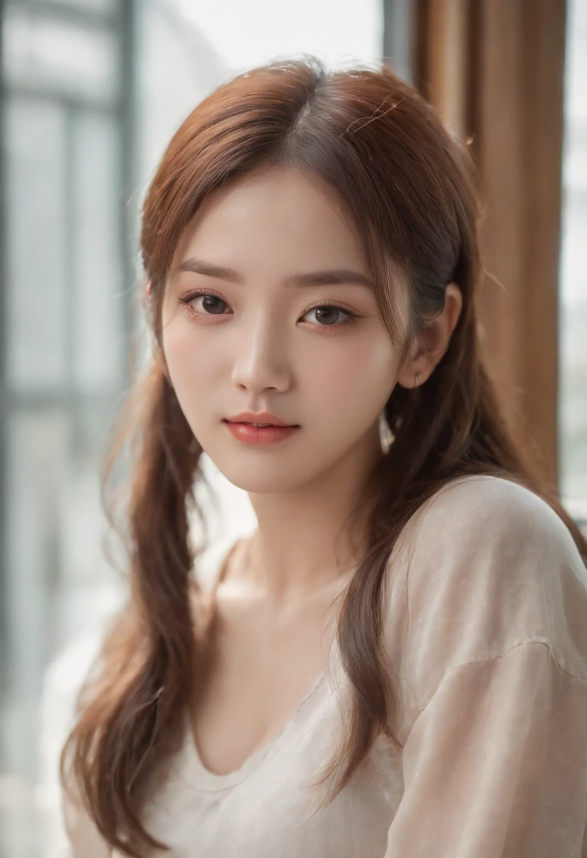 realistic photos of cute Korean star female, uneven twintails, thin makeup, medium breasts size, slightly smile, color t-shirt, in the bus, clear facial features ofsharp and realistic details, Sony FE, 35mm, cinematic lighting, high details, UHD, high quality, HD, 8k, 16k, (yellow outfit), sun glasses