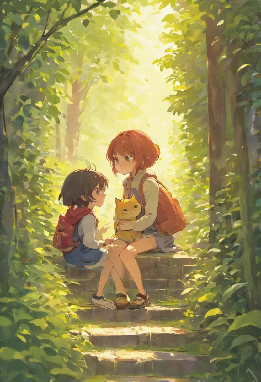 There are two children playing with a cat in the backyard, illustration of children's books, illustration of children's books, illustration for children's book, illustration of children's book, illustration of children's book, illustration of children's books, cute storybook illustration, illustration for children, story book illustration, Children's illustration, storybook illustration, colorful kids book illustration, a storybook illustration, childrens illustration