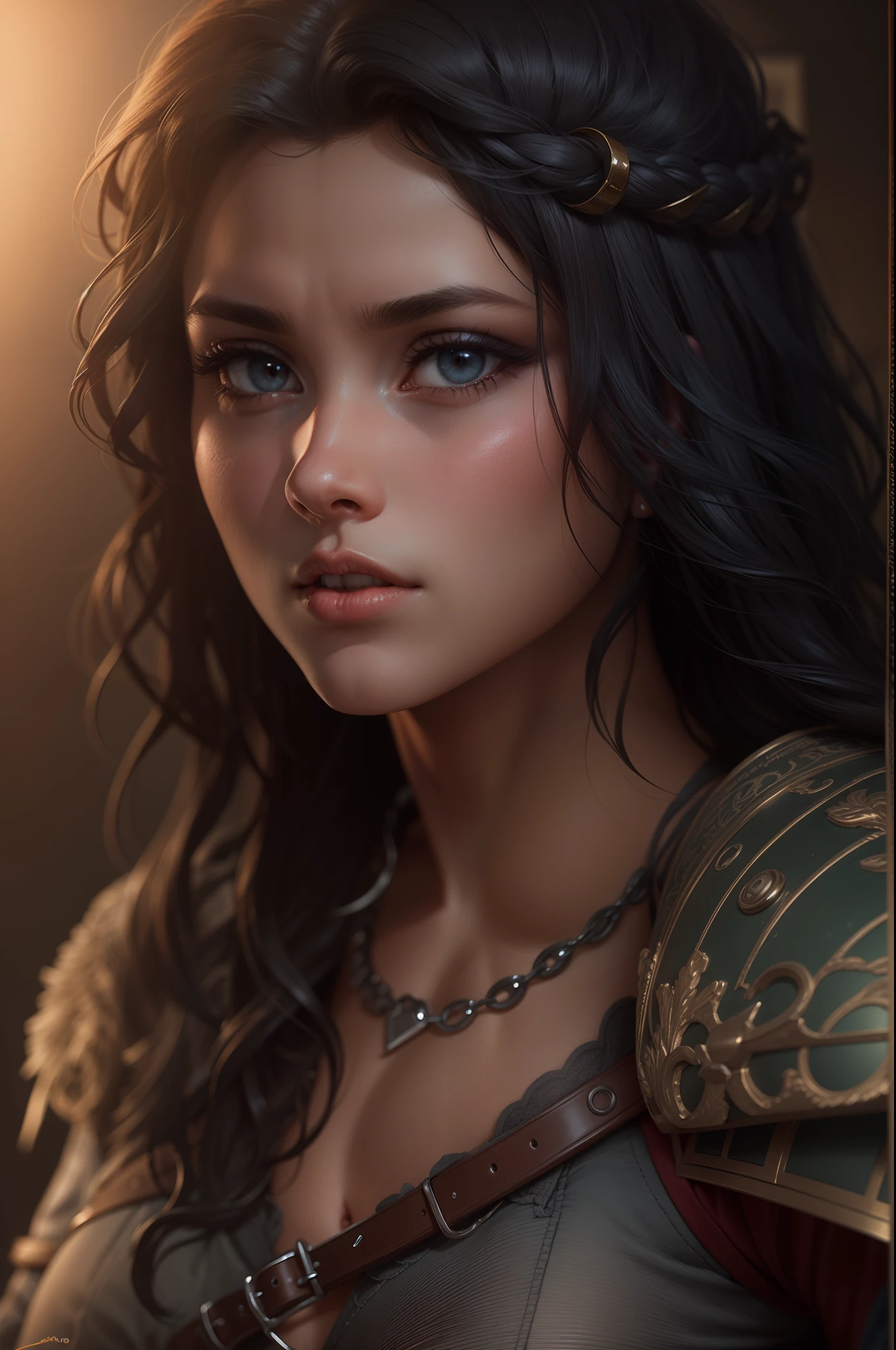 Uma mulher adulta por volta dos 30 anos, morena com cabelos pretos muito longos, guerreira medieval, corpo forte, imagem de corpo inteiro, corpo atletico, Realistic, imagem de alta qualidade, 4k, Ultra HD |, ((master part))), (((melhor qualidade))), ((ultra-detalhado)),(Highly detailed CG illustration), Cinematic light, Camera: Choose an angle that highlights the beauty of the character. resolution: Aim for a high-resolution artwork to showcase intricate details and clarity.