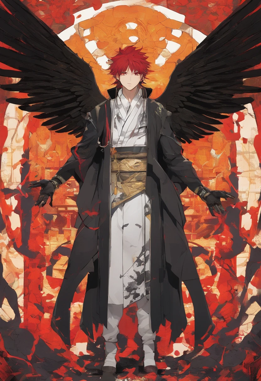 Huge, imposing figure with tattered black wings, fiery red hair, and piercing yellow eyes. Muscular yet lithe build, standing at 6 meters tall, with ashen skin adorned by scars from battles. Wears dark or red makeshift clothing, often draped in rags. Chest bears a spiral-shaped scar from infancy. Note: Ensure the number of fingers and toes is anatomically accurate, no extra limbs or digits.