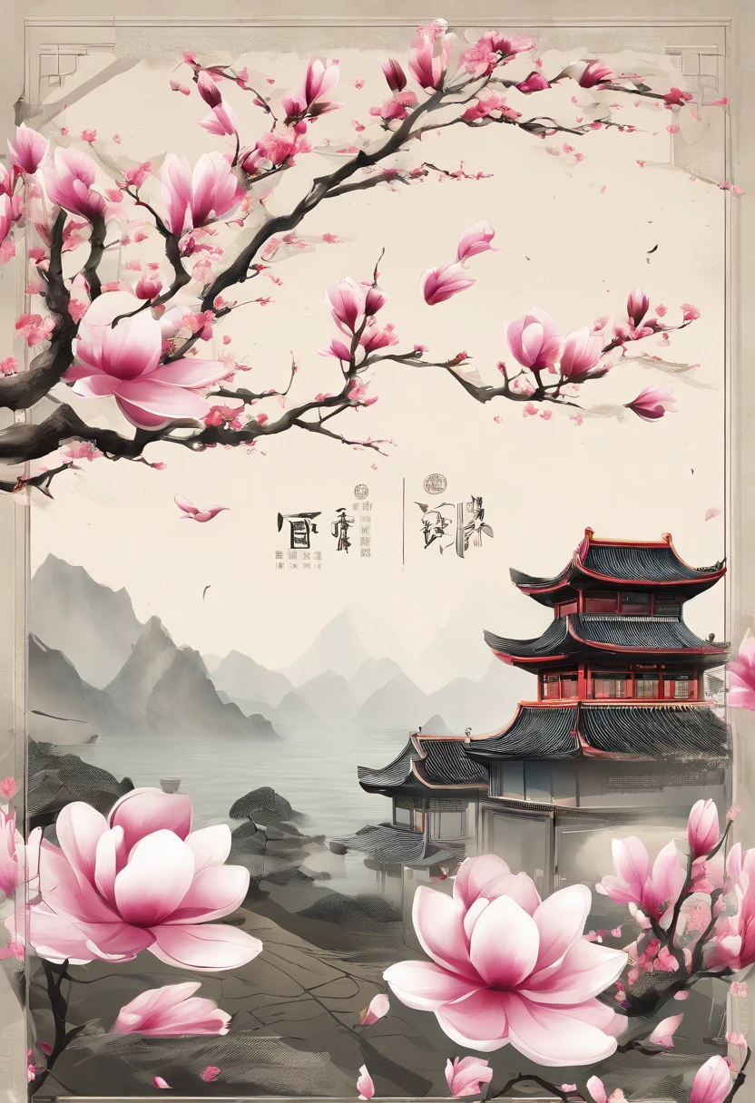 equinox,Traditional Chinese solar terms,(((Magnolia flowers))),National style,Ink wind,solid color backdrop,There are swallows flying in the sky,closeup cleavage,Landscape view,Don't be characterized,Don't be characterized,Don't build