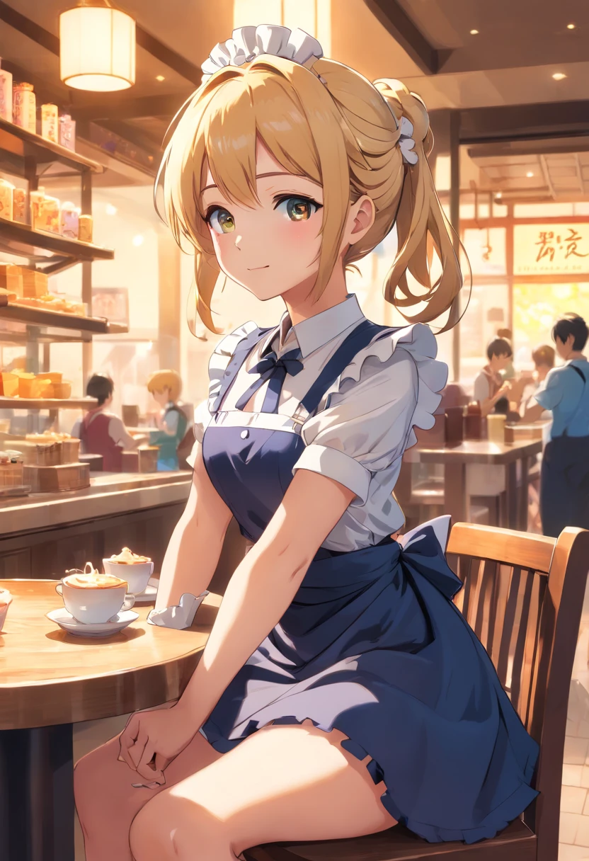 A beautiful Women (( maid outfit, skirt )), (( cafes Background)), sitting on chair , perfect body figure, blond color hair, ponytail hairstyle, shining effect, aura of comfort, gentle gaze, smile, happy expression, very big breast, very big ass, age 43, middle age, shining light effect, light body aura, shining bright eyes, orange color eyes, mature, perfect color layer, perfect color overlay, pose, royalty, majestic, day, Empress, wind blowing, breeze, calm, sunshine effect, super effect, golden color light, Tachibana Omina art style, handbag, necklace, table, parfait dessert