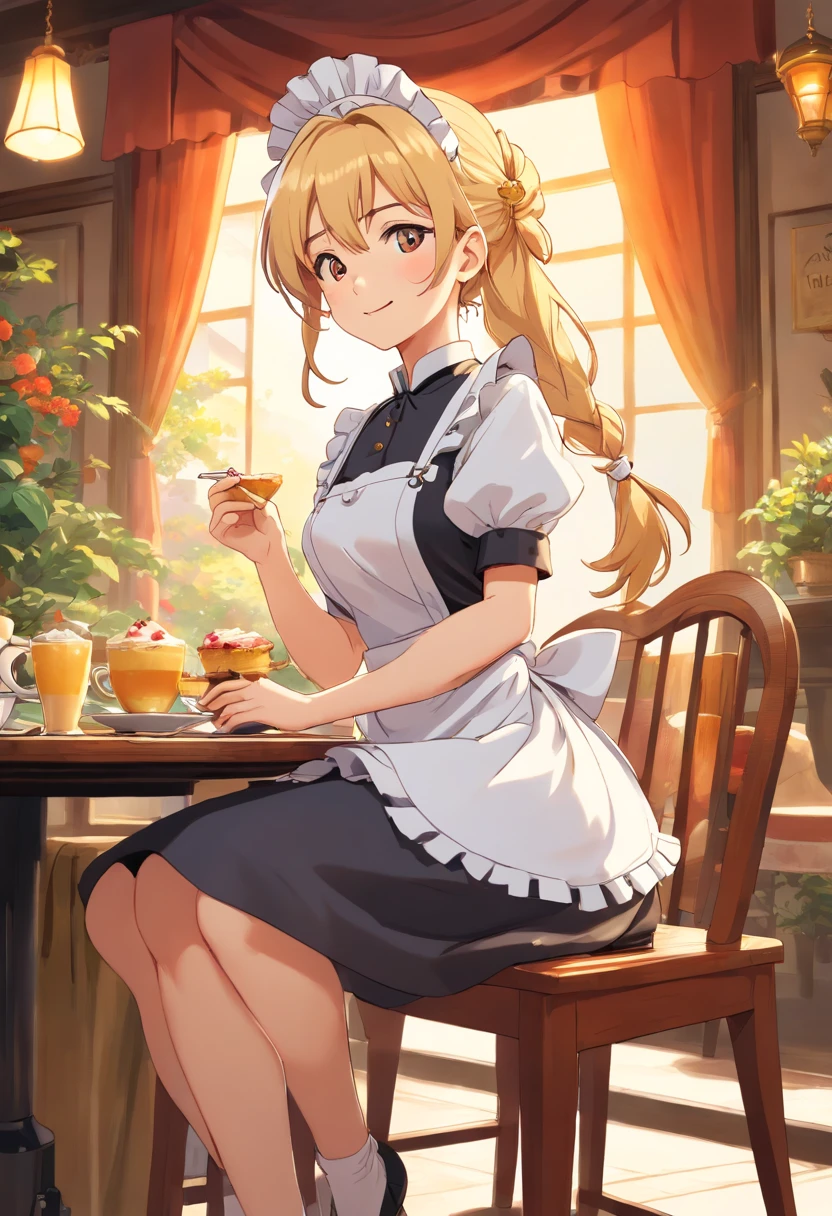 A beautiful Women (( maid outfit, skirt )), (( cafes Background)), sitting on chair , perfect body figure, blond color hair, ponytail hairstyle, shining effect, aura of comfort, gentle gaze, smile, happy expression, very big breast, very big ass, age 43, middle age, shining light effect, light body aura, shining bright eyes, orange color eyes, mature, perfect color layer, perfect color overlay, pose, royalty, majestic, day, Empress, wind blowing, breeze, calm, sunshine effect, super effect, golden color light, Tachibana Omina art style, handbag, necklace, table, parfait dessert