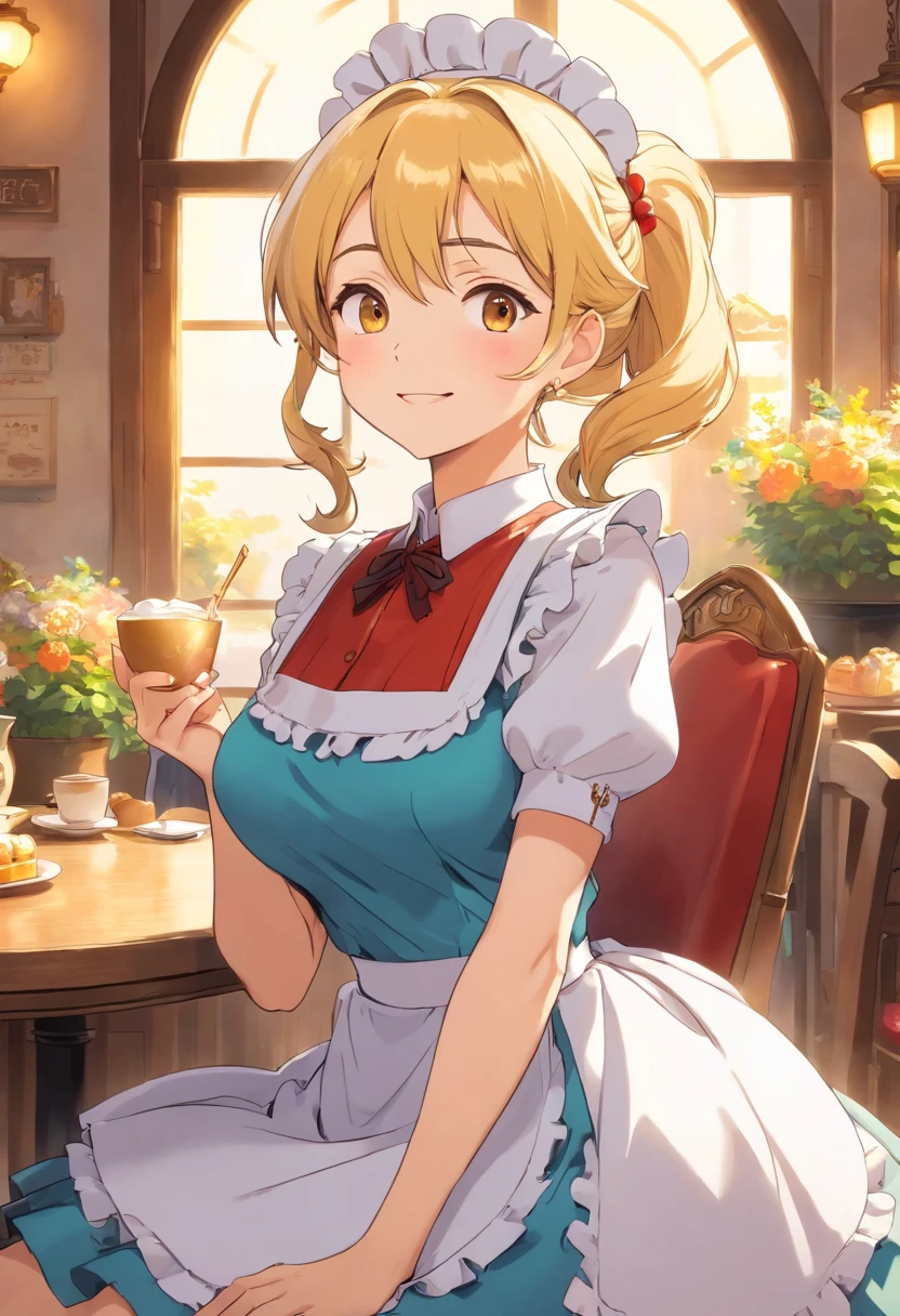 A beautiful Women (( maid outfit, skirt )), (( cafes Background)), sitting on chair , perfect body figure, blond color hair, ponytail hairstyle, shining effect, aura of comfort, gentle gaze, smile, happy expression, very big breast, very big ass, age 43, middle age, shining light effect, light body aura, shining bright eyes, orange color eyes, mature, perfect color layer, perfect color overlay, pose, royalty, majestic, day, Empress, wind blowing, breeze, calm, sunshine effect, super effect, golden color light, Tachibana Omina art style, handbag, necklace, table, parfait dessert