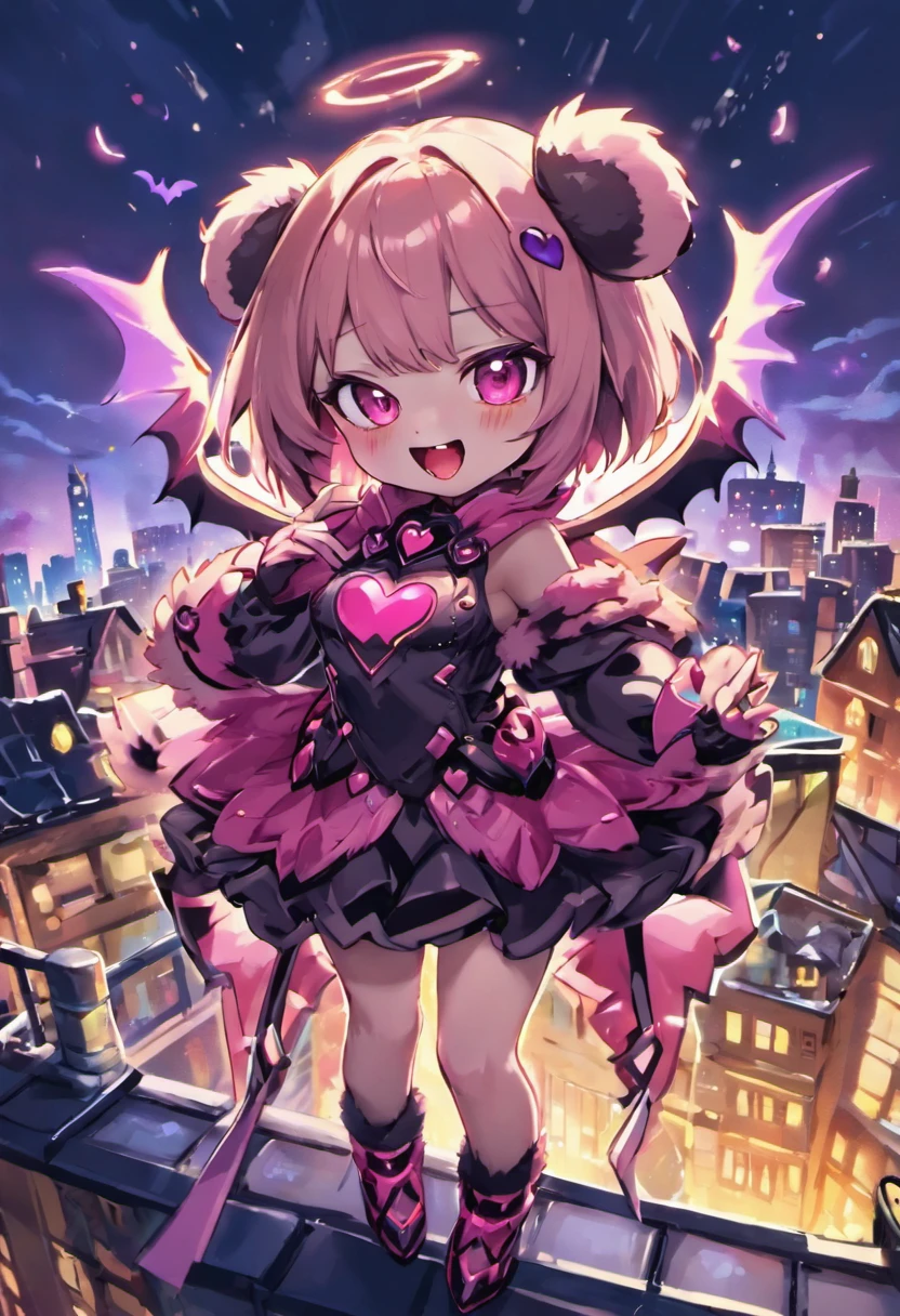 A cute bat vtuber,illustration,adorable,wings spread open,kind-looking eyes,fangs visible,heart-shaped nose,blushing cheeks,playful expression,expressive gestures,dressed in a kawaii outfit with bat-themed accessories,standing on a moonlit rooftop,nighttime cityscape in the background,bathed in soft moonlight,bright and vibrant colors,smooth shading and subtle texture,beautifully detailed eyes,fluffy fur, sparkly eyes and wings,(best quality,4k,highres:1.2),(realistic,photo-realistic:1.37),vivid colors,warm and sweet color tone,soft and dreamy lighting