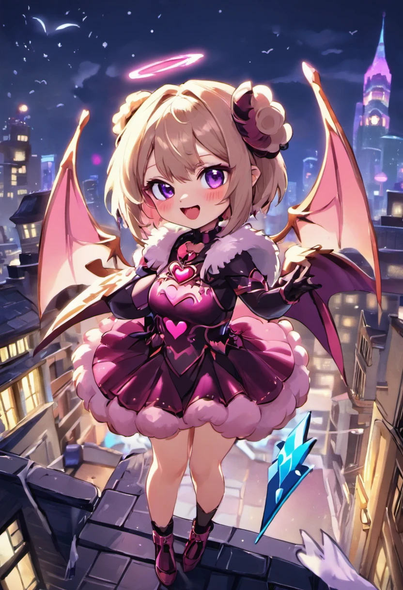 A cute bat vtuber,illustration,adorable,wings spread open,kind-looking eyes,fangs visible,heart-shaped nose,blushing cheeks,playful expression,expressive gestures,dressed in a kawaii outfit with bat-themed accessories,standing on a moonlit rooftop,nighttime cityscape in the background,bathed in soft moonlight,bright and vibrant colors,smooth shading and subtle texture,beautifully detailed eyes,fluffy fur, sparkly eyes and wings,(best quality,4k,highres:1.2),(realistic,photo-realistic:1.37),vivid colors,warm and sweet color tone,soft and dreamy lighting
