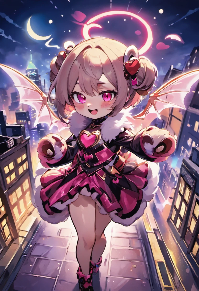A cute bat vtuber,illustration,adorable,wings spread open,kind-looking eyes,fangs visible,heart-shaped nose,blushing cheeks,playful expression,expressive gestures,dressed in a kawaii outfit with bat-themed accessories,standing on a moonlit rooftop,nighttime cityscape in the background,bathed in soft moonlight,bright and vibrant colors,smooth shading and subtle texture,beautifully detailed eyes,fluffy fur, sparkly eyes and wings,(best quality,4k,highres:1.2),(realistic,photo-realistic:1.37),vivid colors,warm and sweet color tone,soft and dreamy lighting