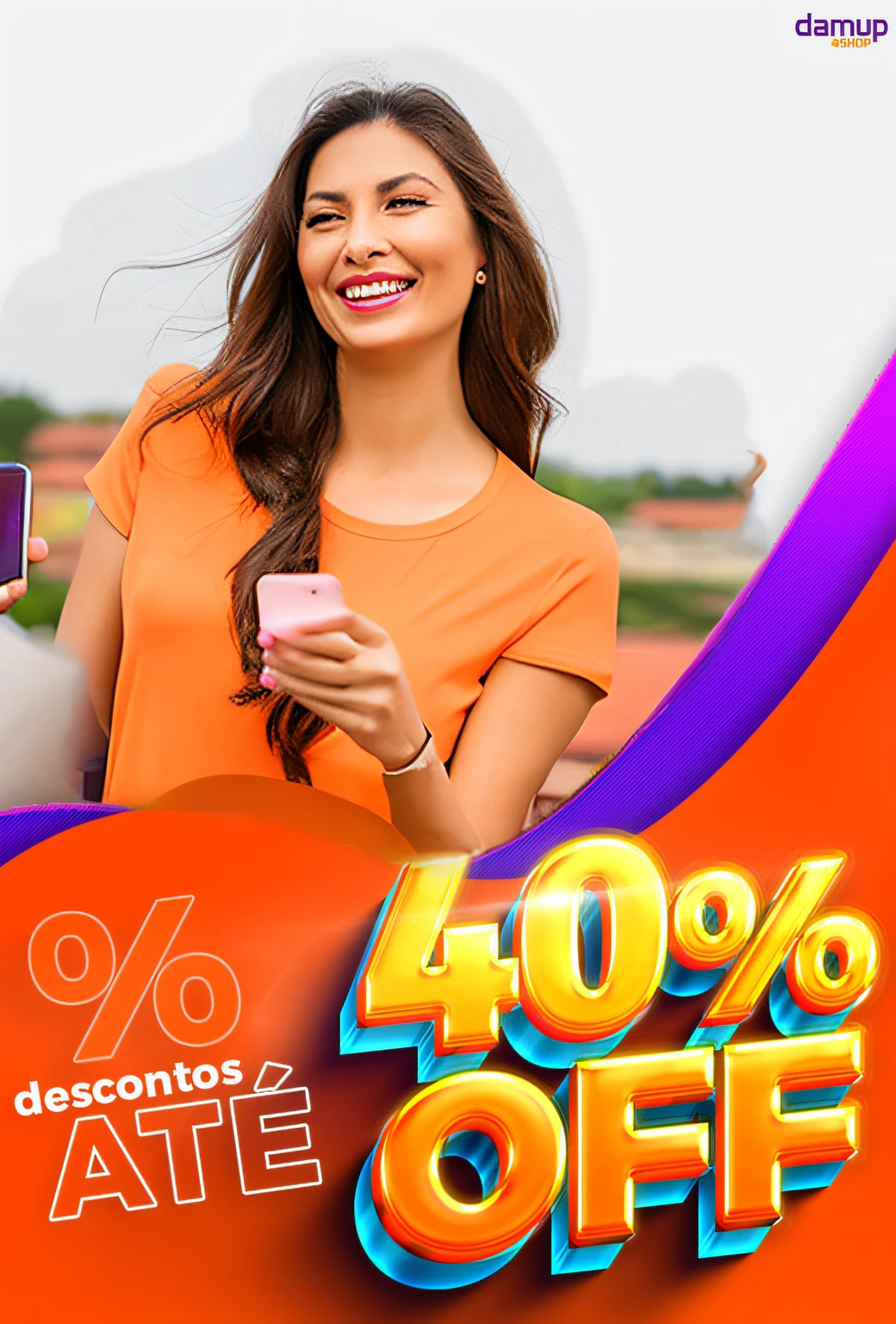 Woman in purple outfit smiling with cell phone in hand