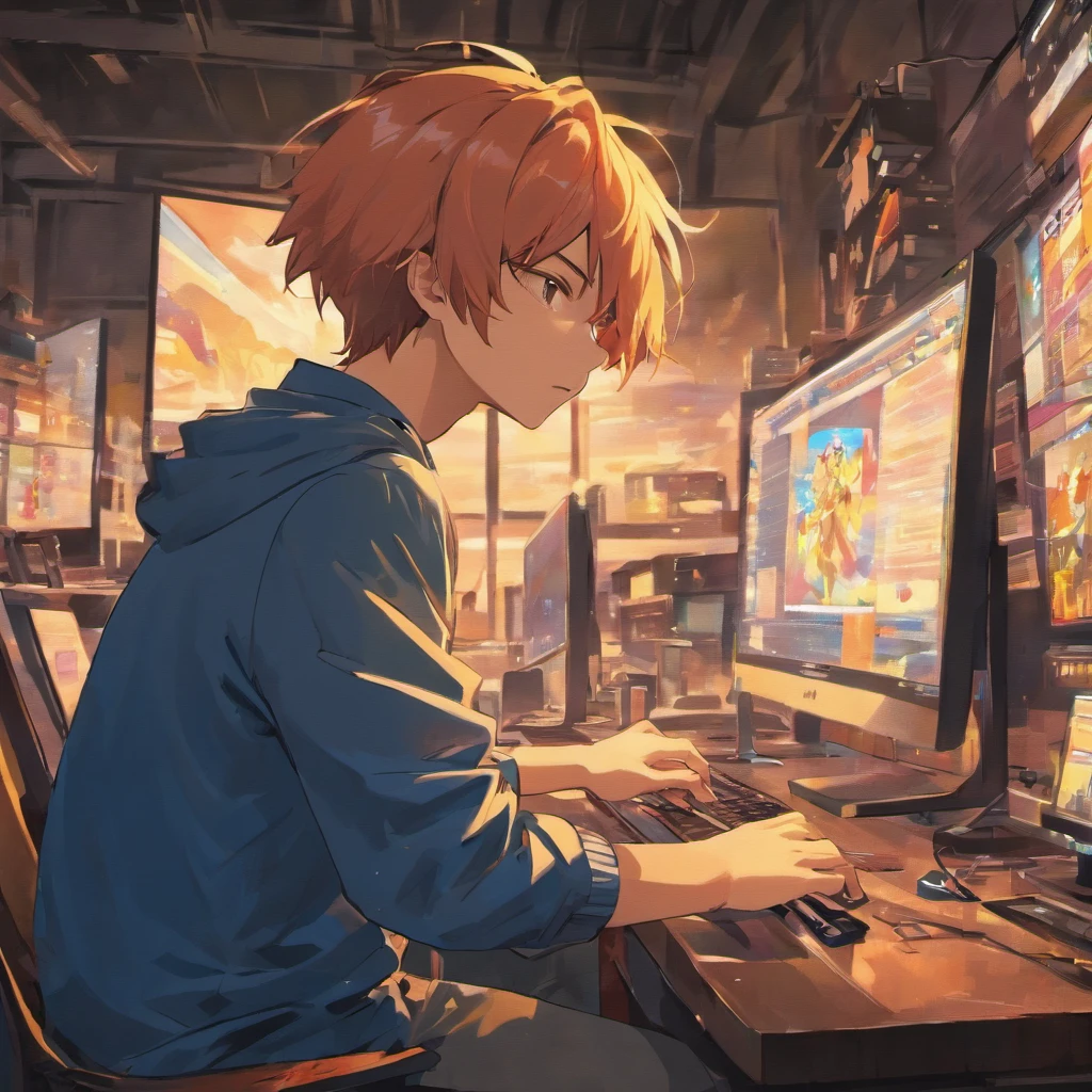 um jovem homem, sentado em frente ao seu computador em seu quarto, tela do computador mostrando uma obra de arte, obra prima , extremamente detalhado 8k
