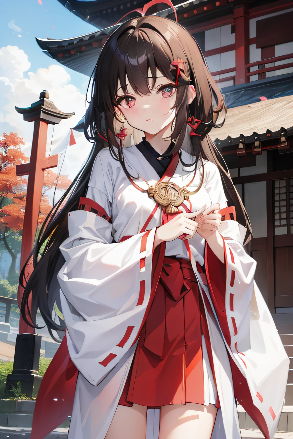 Background as a shrine、wearing miko clothes、 A dark-haired、My left eye is light brown.、One girl with black right eye