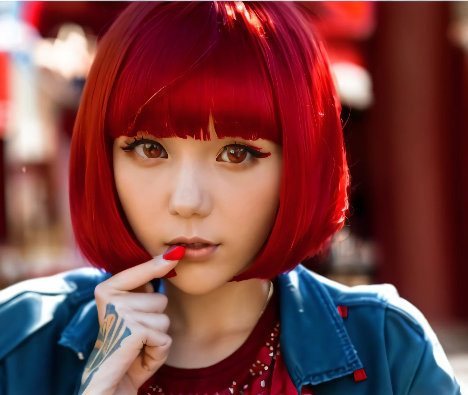 Close-up of a man with red hair and blue jacket, red wig, red colour, red colour, maroon red, white hime cut hairstyle, pelo rojo corto, kawaii hair style, with a bob cut, kawaii hair style, dark red color, ulzzangs, short detailed hair，By bangs, cute girl with short pink hair, Short red hair